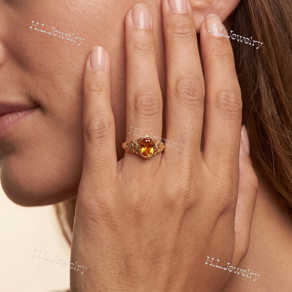 Oval Rose Cut Citrine Vintage-Inspired Gemstone Lace Ring - H.L.Jewelry