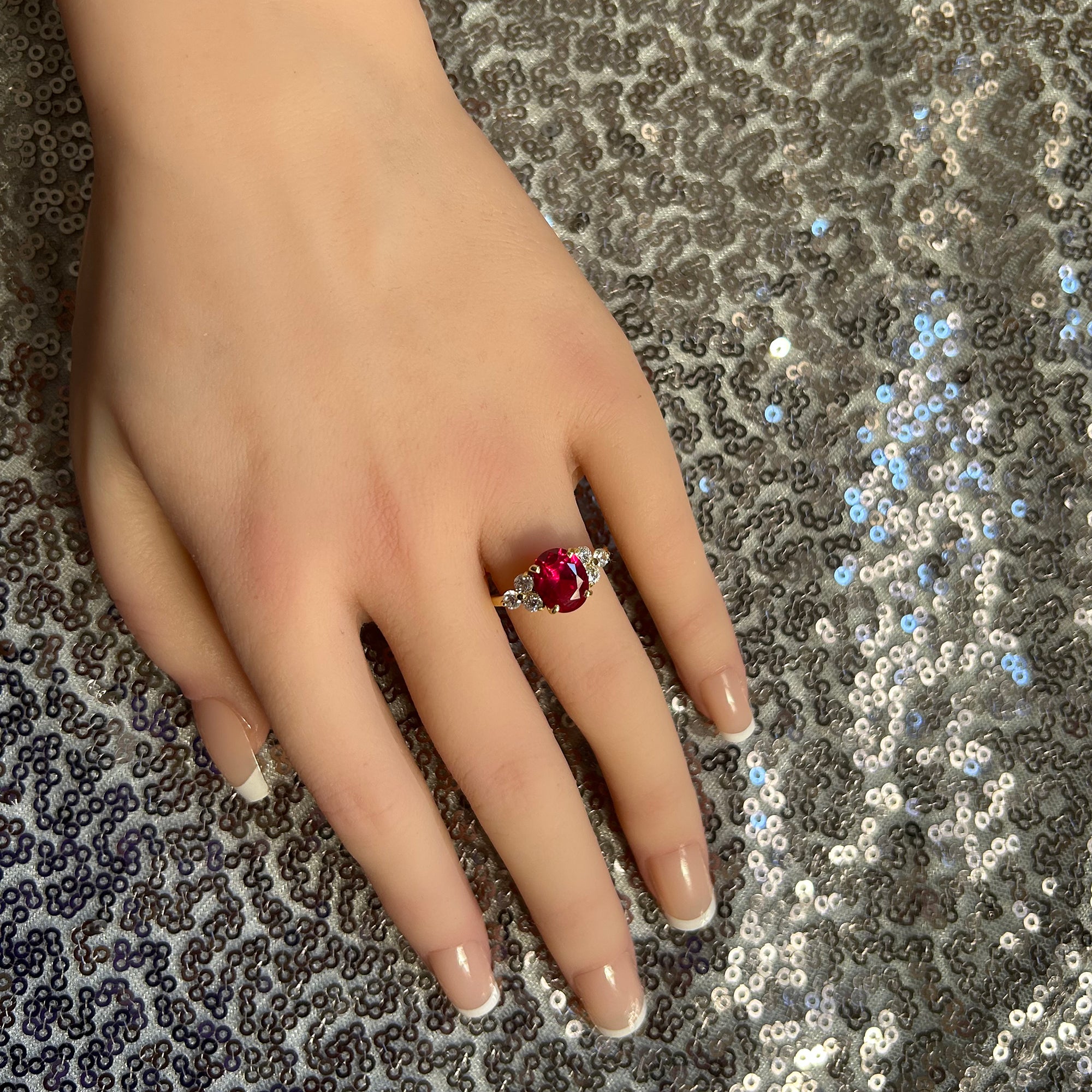 Oval Ruby Engagement Ring with Clear Quartz Trio Accents - H.L.Jewelry