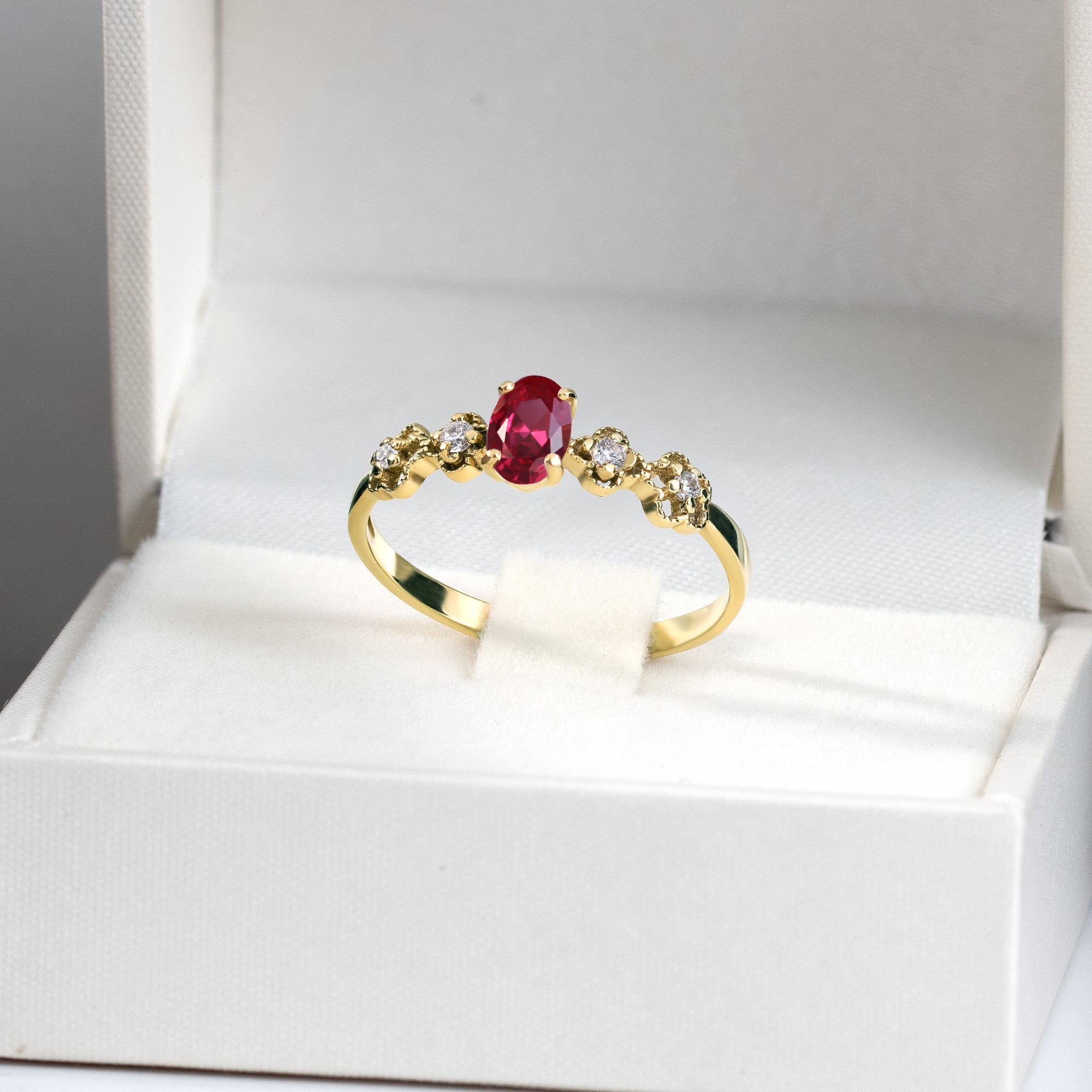 Oval Ruby Flower Ring with Clear Quartz Accents - H.L.Jewelry