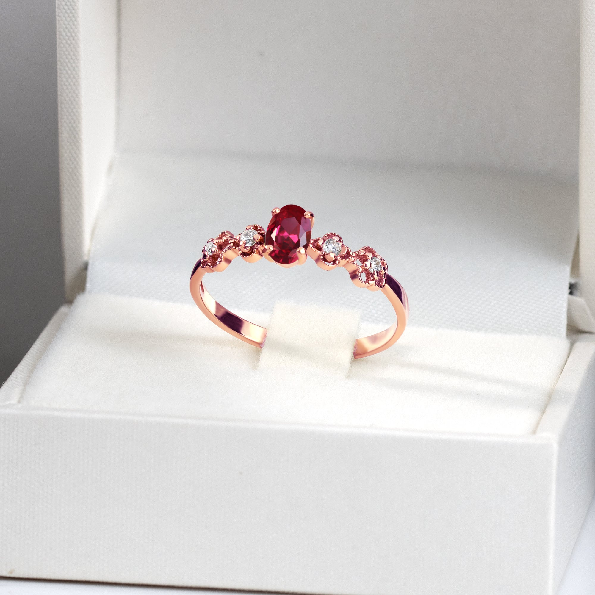 Oval Ruby Flower Ring with Clear Quartz Accents - H.L.Jewelry