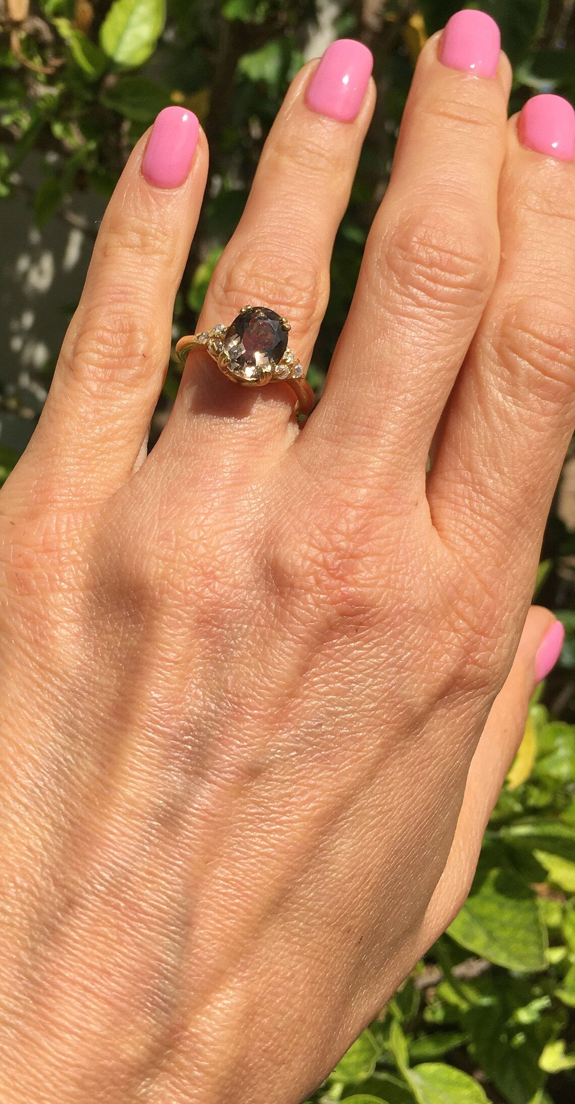 Oval Smoky Quartz Engagement Ring with Clear Quartz Accents - H.L.Jewelry