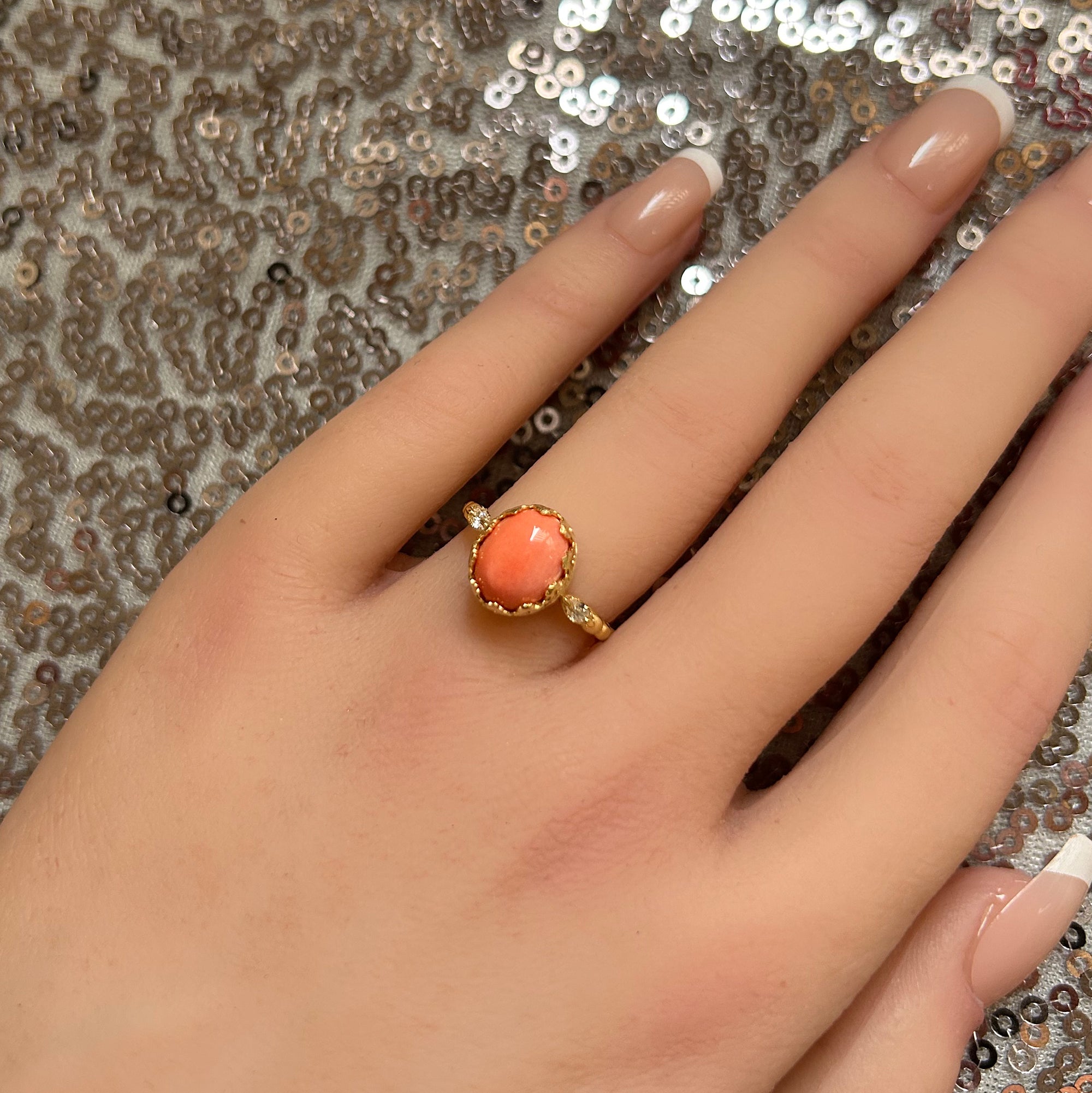 Peach Coral Vintage Oval Crown Ring with Clear Quartz Accents - H.L.Jewelry