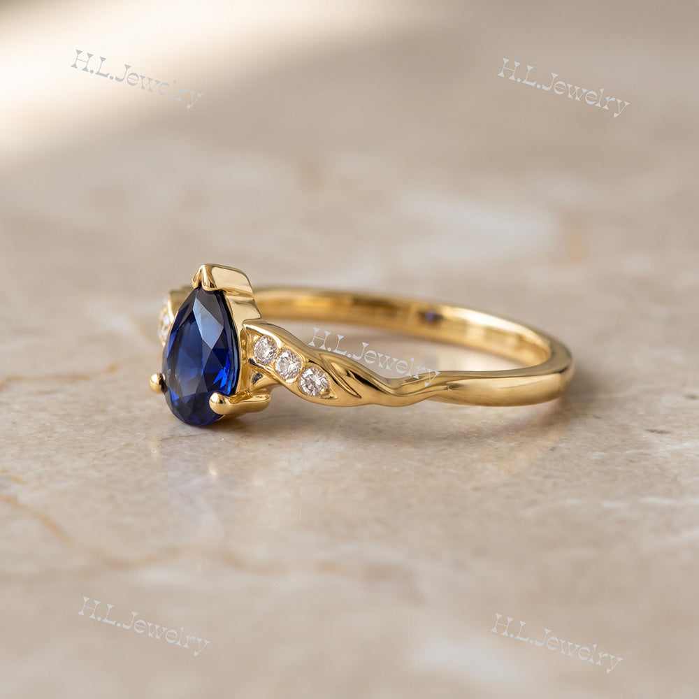 Pear-Shaped Blue Sapphire Delicate Ring with Clear Quartz Accents - H.L.Jewelry