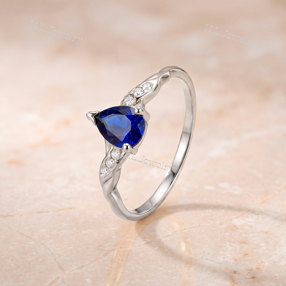 Pear-Shaped Blue Sapphire Delicate Ring with Clear Quartz Accents - H.L.Jewelry