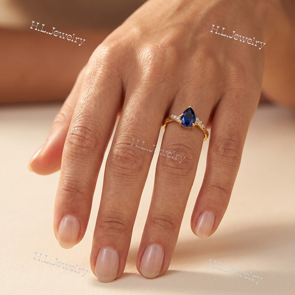 Pear-Shaped Blue Sapphire Delicate Ring with Clear Quartz Accents - H.L.Jewelry