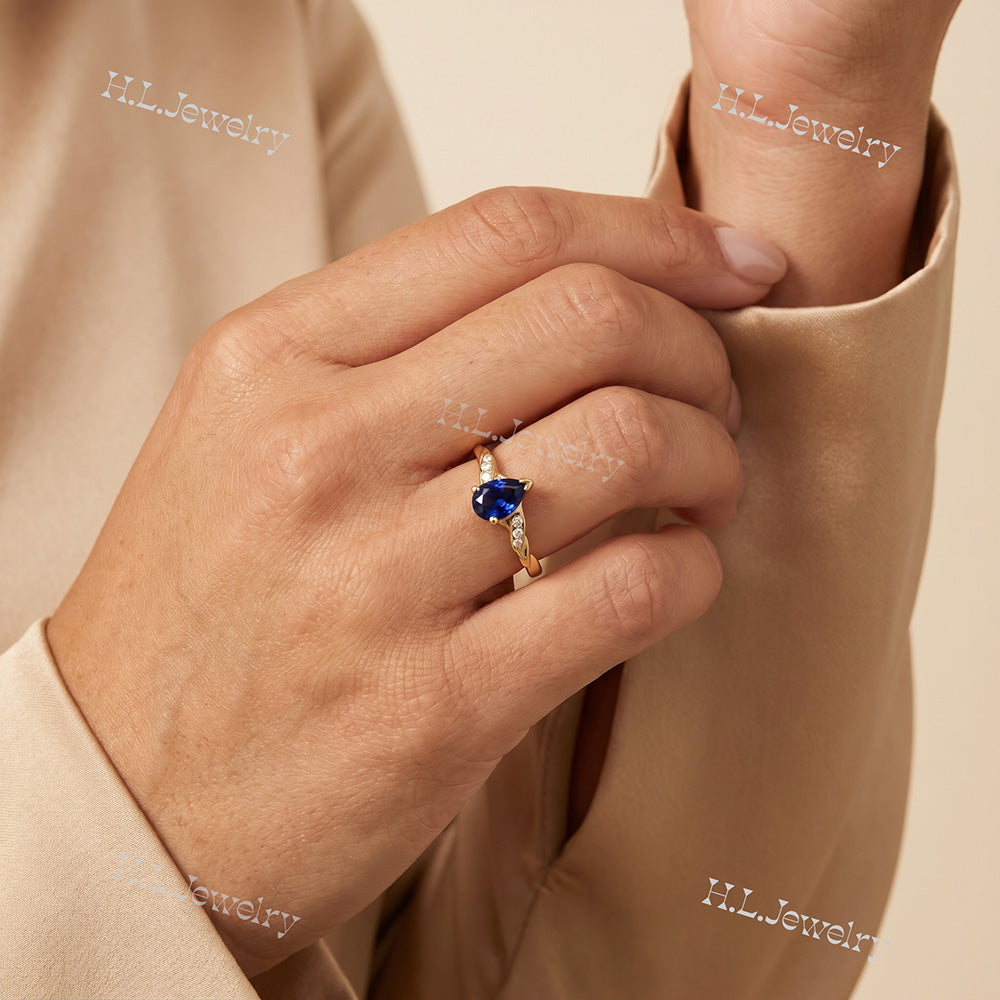 Pear-Shaped Blue Sapphire Delicate Ring with Clear Quartz Accents - H.L.Jewelry