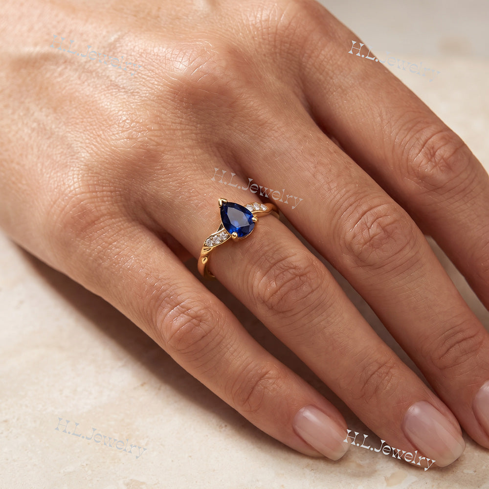 Pear-Shaped Blue Sapphire Delicate Ring with Clear Quartz Accents - H.L.Jewelry