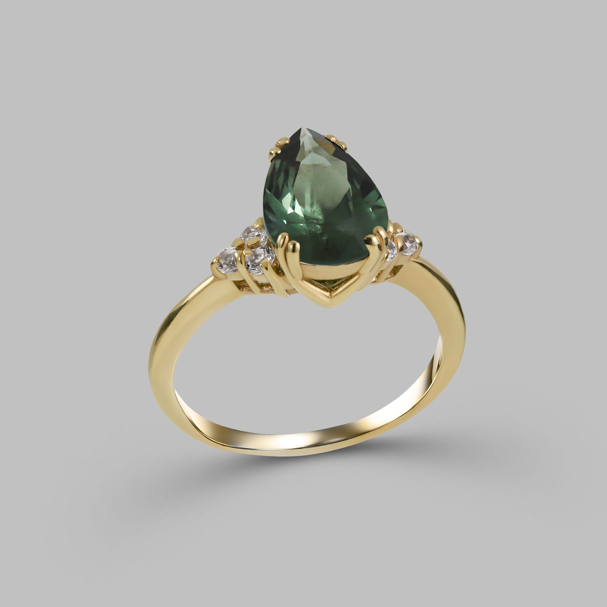 Pear-Shaped Green Tourmaline Engagement Ring with Clear Quartz Accents - H.L.Jewelry