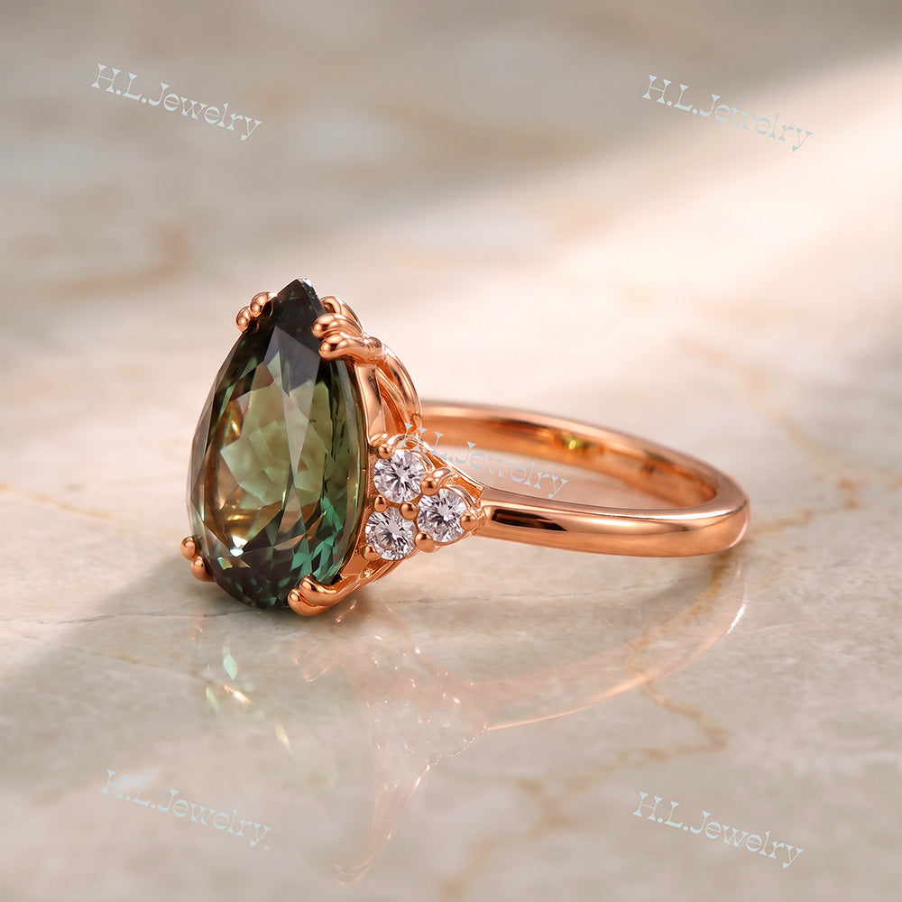Pear-Shaped Green Tourmaline Engagement Ring with Clear Quartz Accents - H.L.Jewelry