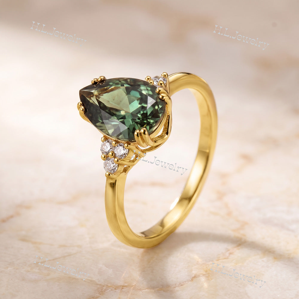 Pear-Shaped Green Tourmaline Engagement Ring with Clear Quartz Accents - H.L.Jewelry