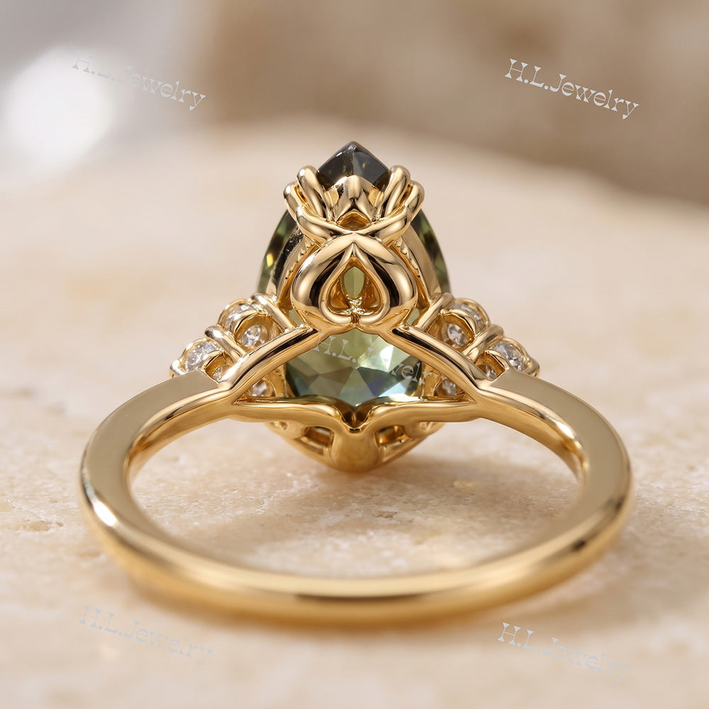 Pear-Shaped Green Tourmaline Engagement Ring with Clear Quartz Accents - H.L.Jewelry