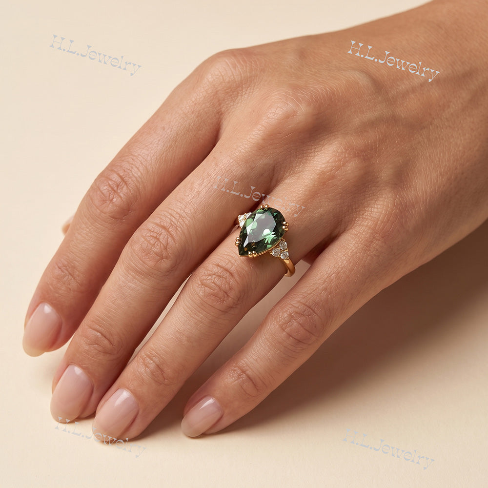 Pear-Shaped Green Tourmaline Engagement Ring with Clear Quartz Accents - H.L.Jewelry