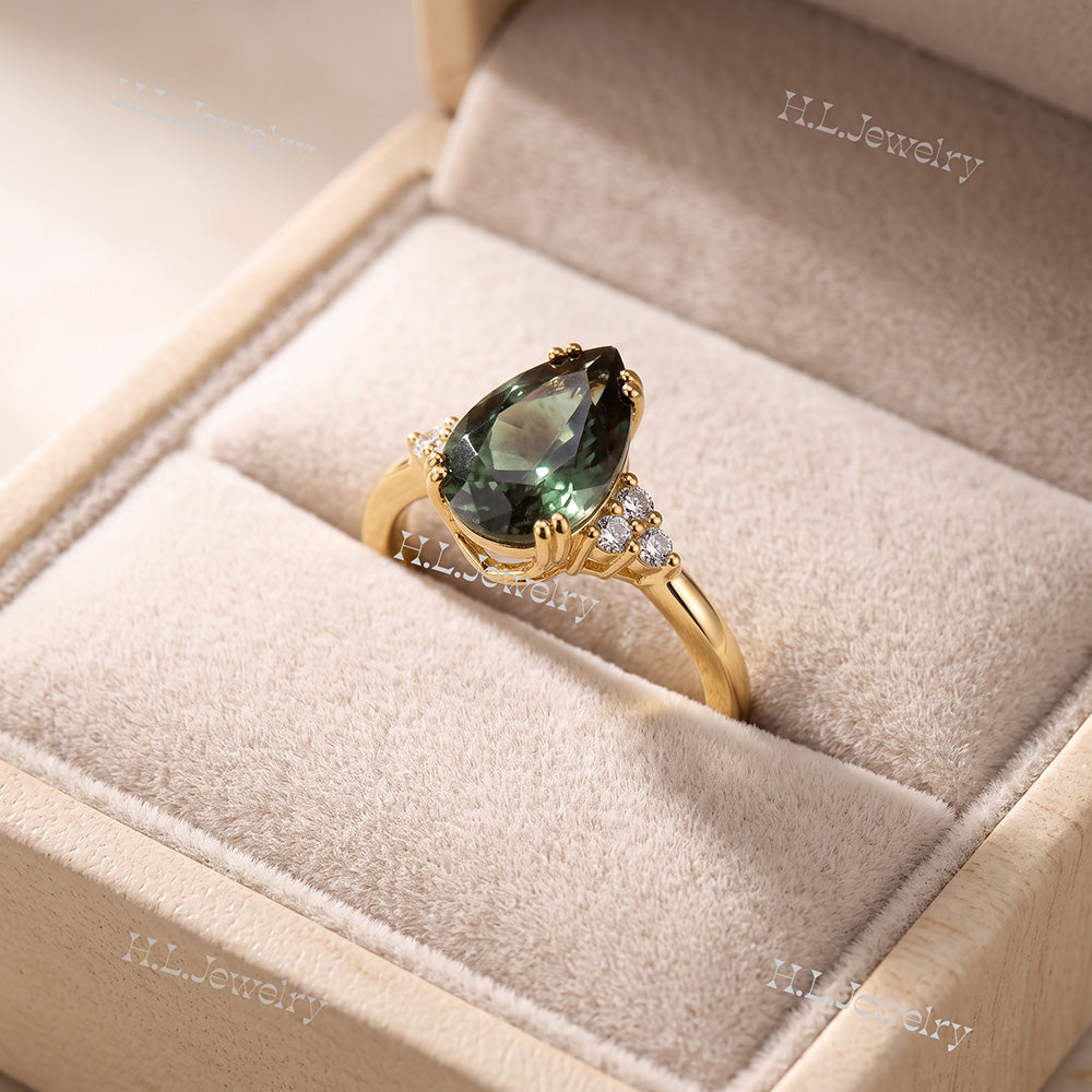Pear-Shaped Green Tourmaline Engagement Ring with Clear Quartz Accents - H.L.Jewelry