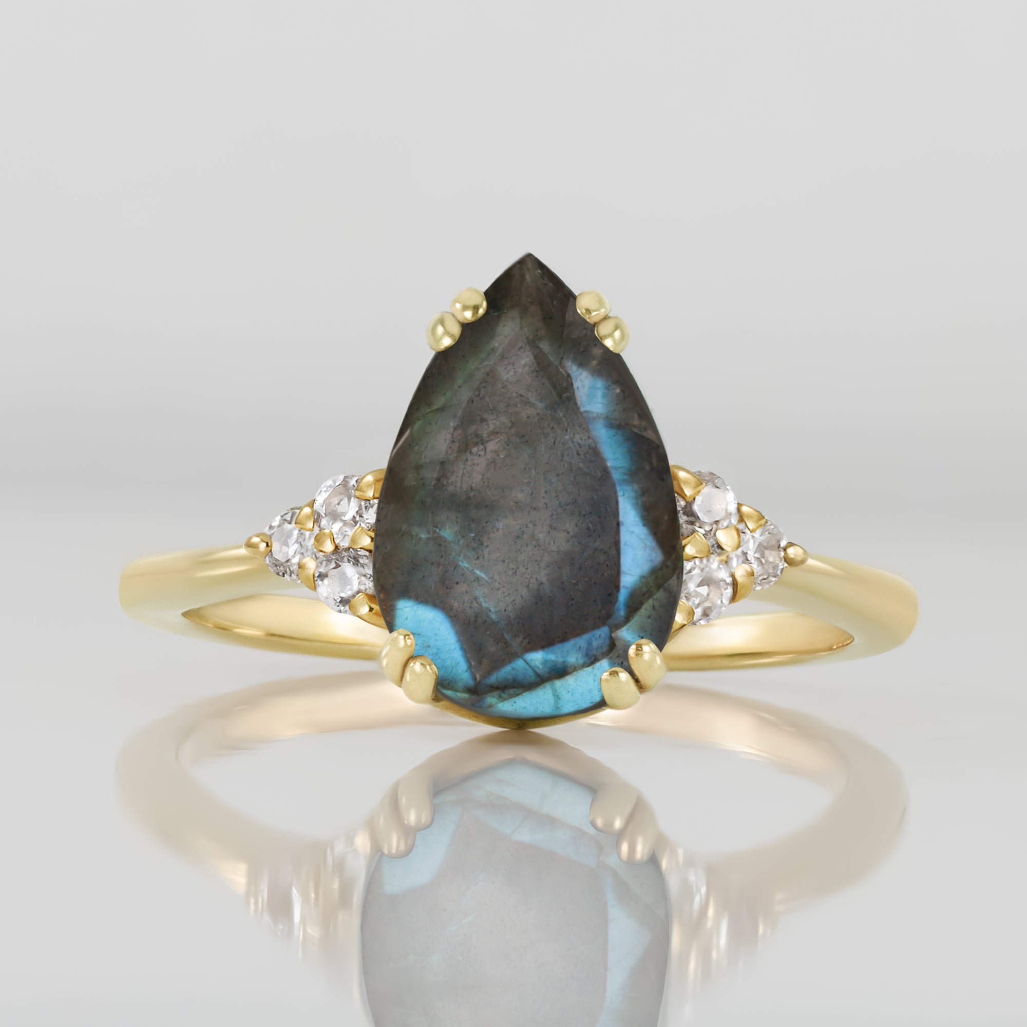 Pear-Shaped Labradorite Engagement Ring with Clear Quartz Accents - H.L.Jewelry
