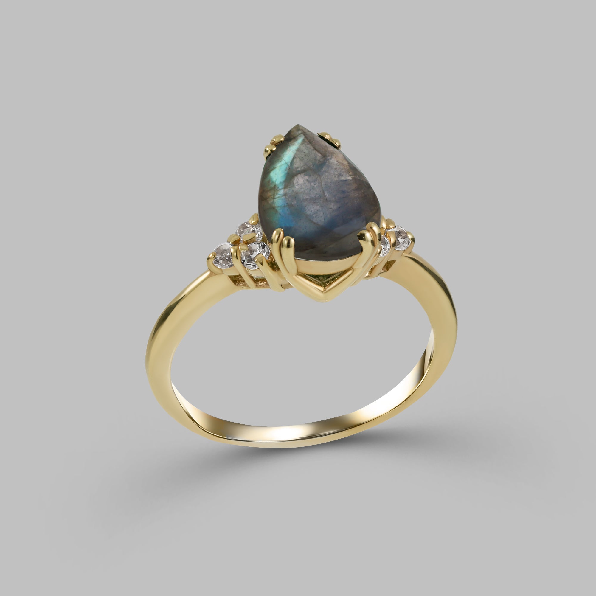 Pear-Shaped Labradorite Engagement Ring with Clear Quartz Accents - H.L.Jewelry