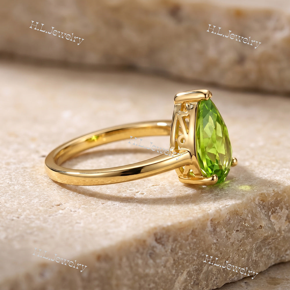 Pear-Shaped Peridot Gemstone Lace Setting Ring - H.L.Jewelry