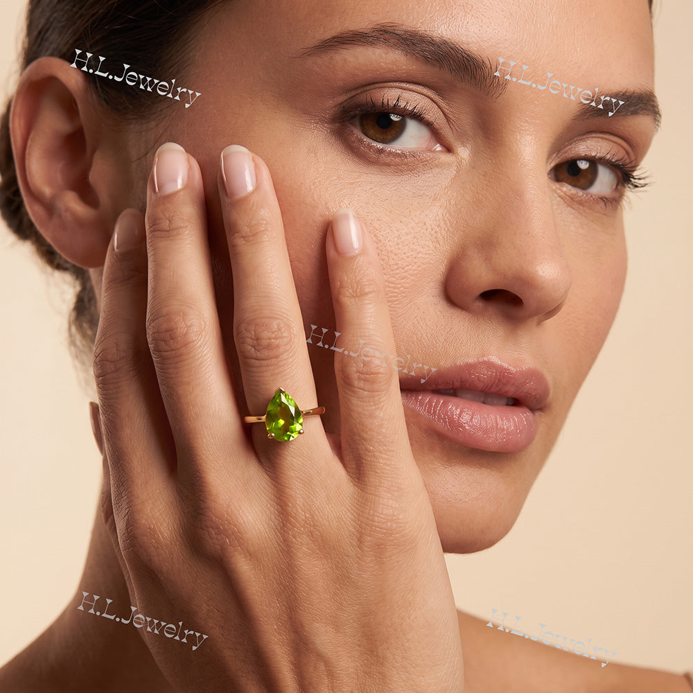 Pear-Shaped Peridot Gemstone Lace Setting Ring - H.L.Jewelry