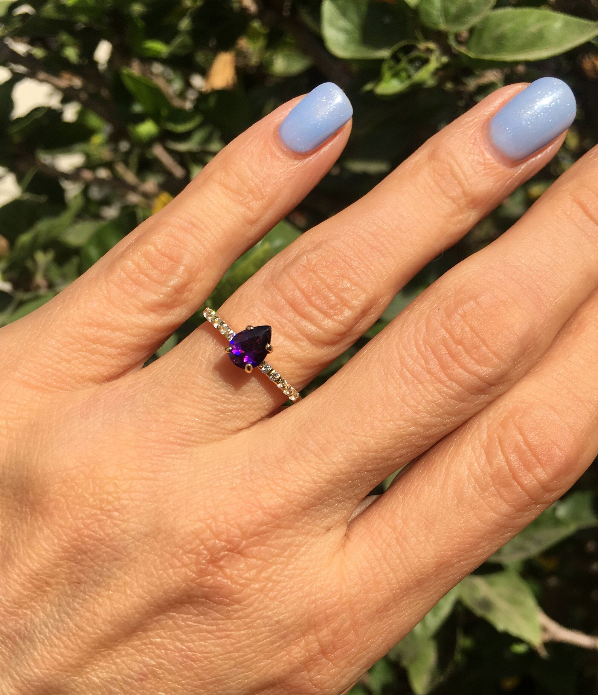 Pear-Shaped Purple Amethyst Delicate Ring with Clear Quartz Accents - H.L.Jewelry