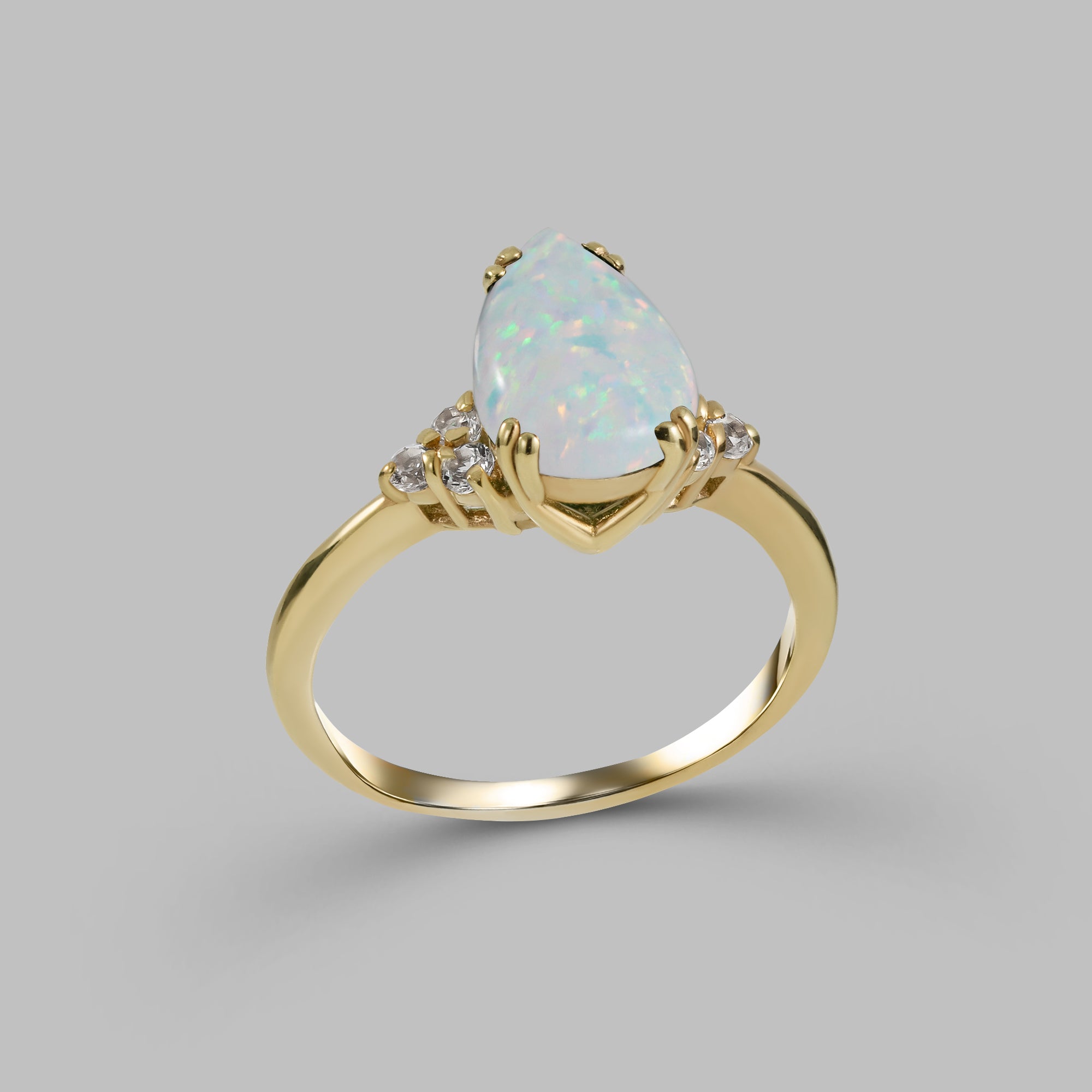 Pear-Shaped White Opal Ring with Clear Quartz Accents - H.L.Jewelry