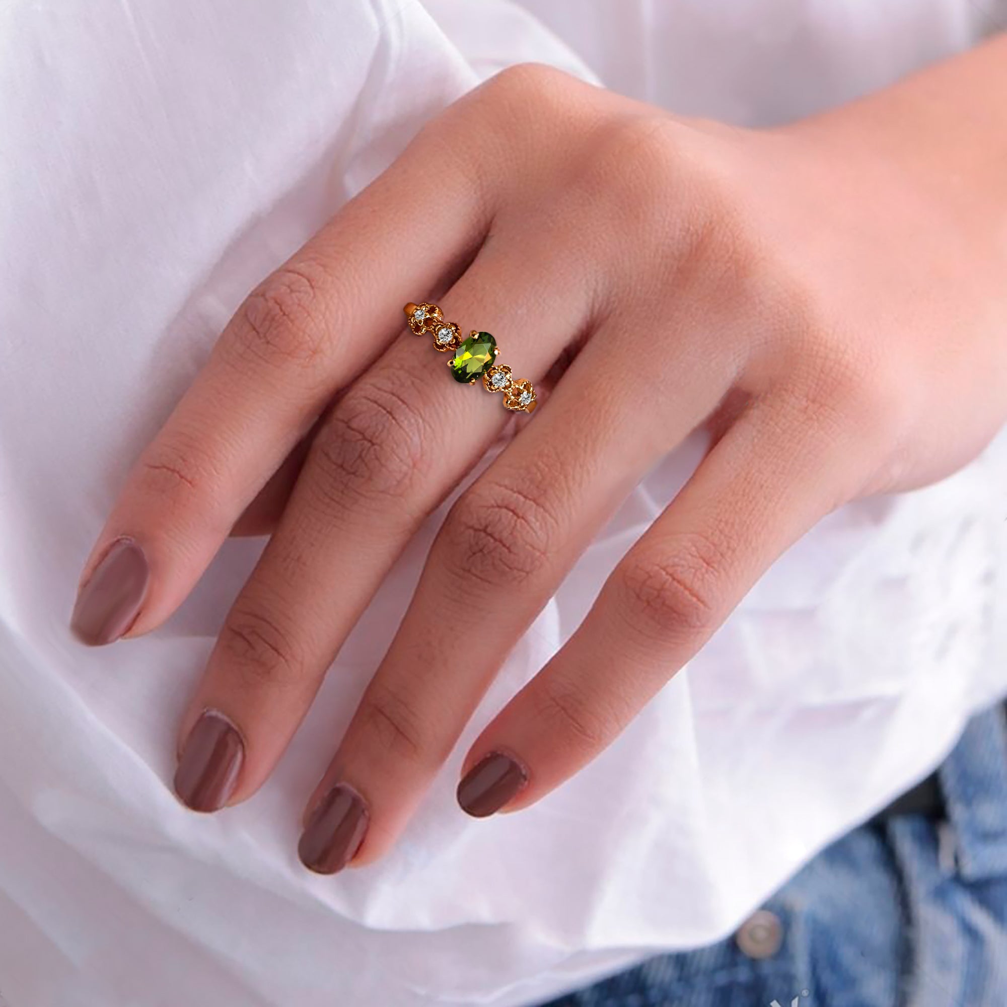 Peridot Ring - August Birthstone - Oval Peridot Gemstone Flower Setting Delicate Ring with Clear Quartz Accents - H.L.Jewelry