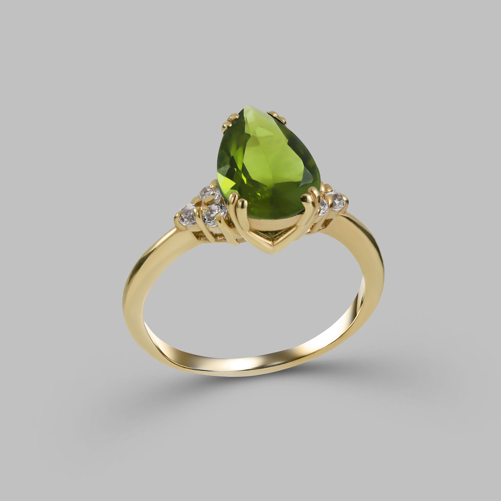 Peridot Ring - August Birthstone Jewelry - Pear-Shaped Peridot Gemstone Statement Engagement Ring with Clear Quartz Accents - H.L.Jewelry