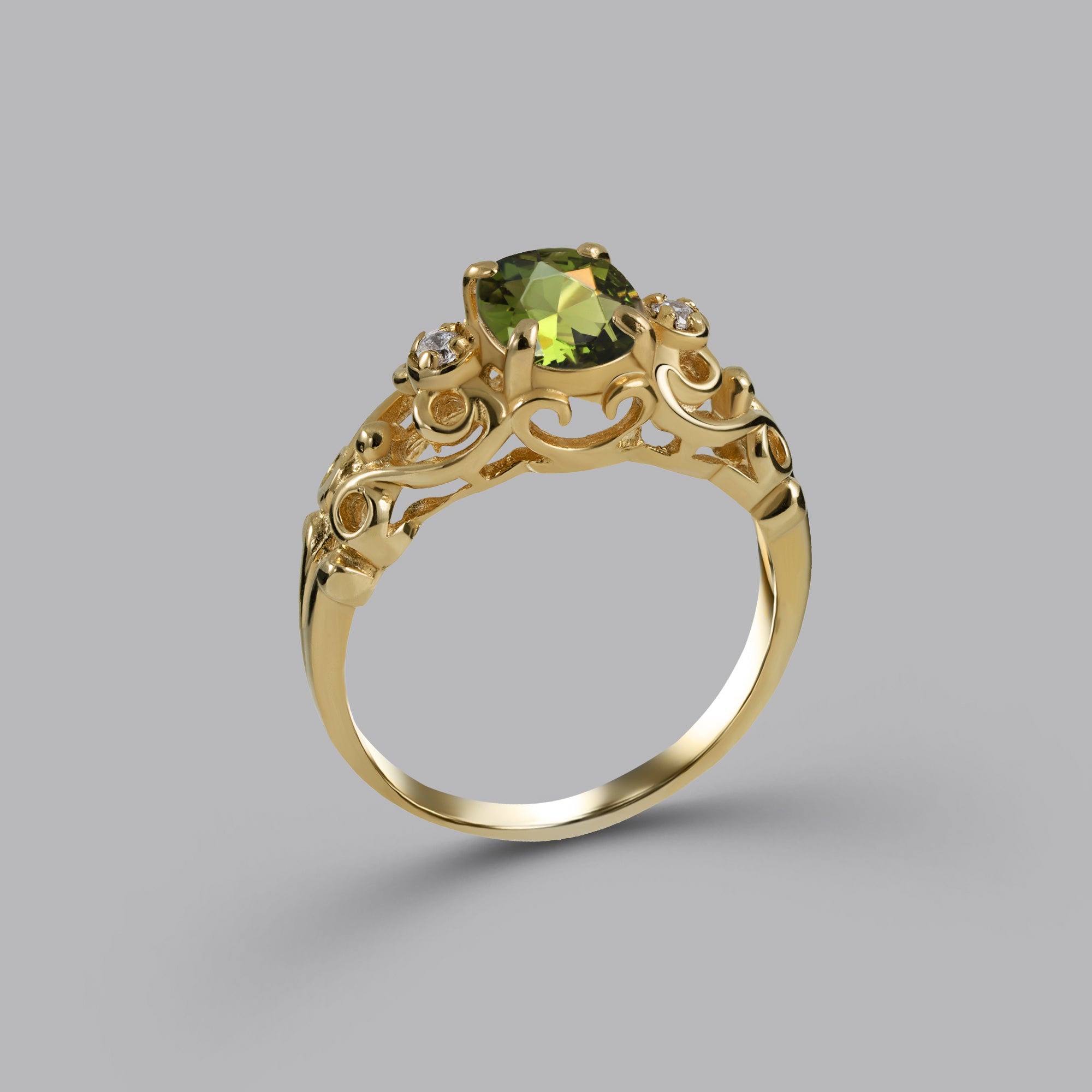 Peridot Ring - August Birthstone - Oval Peridot Gemstone Lace Ring with Clear Quartz Accents - H.L.Jewelry