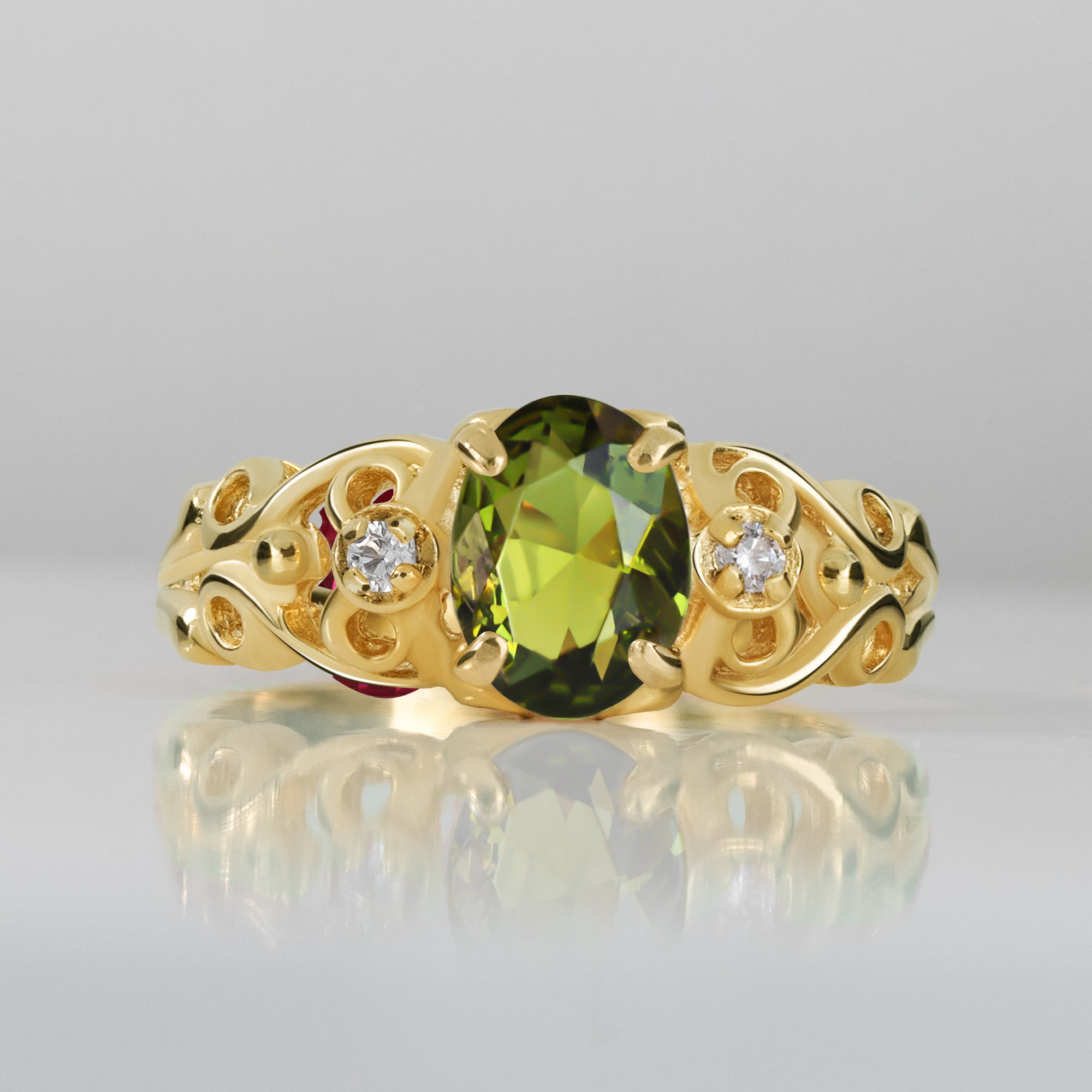 Peridot Ring - August Birthstone - Oval Peridot Gemstone Lace Ring with Clear Quartz Accents - H.L.Jewelry