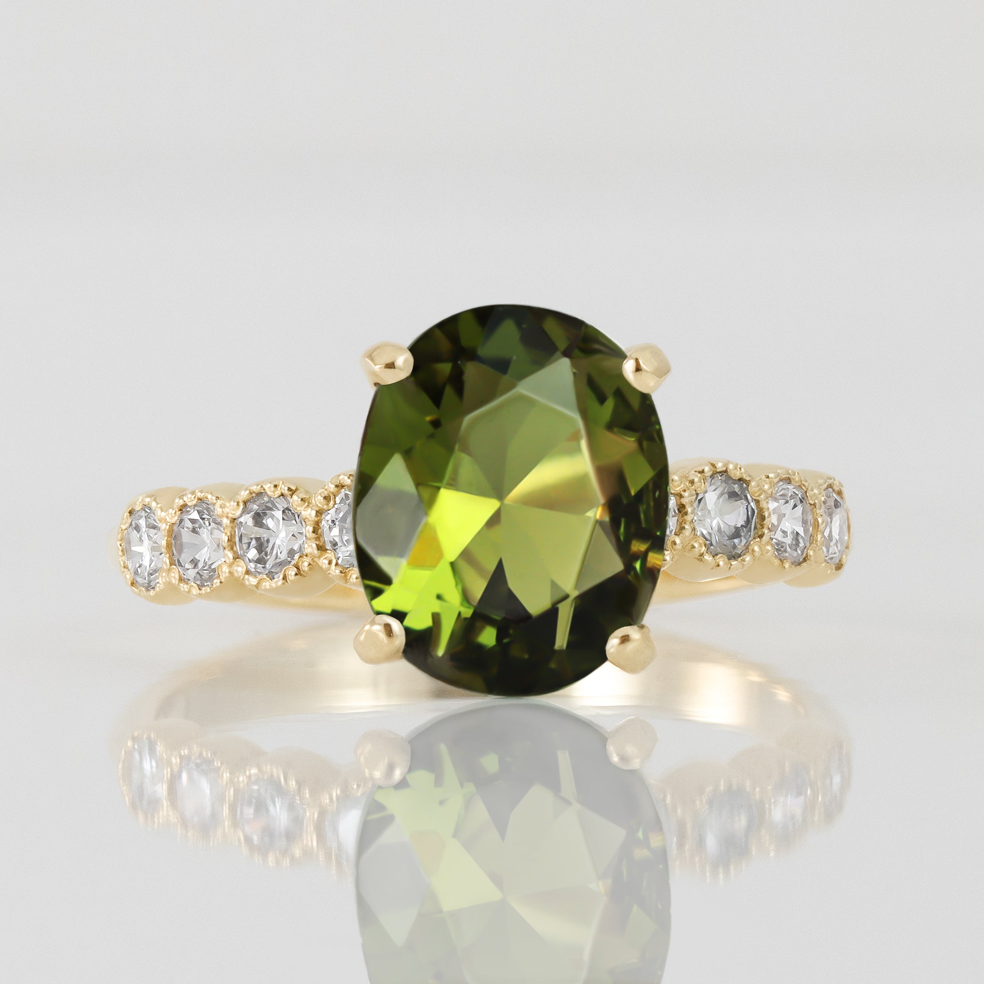 Peridot Ring - August Birthstone - Oval Peridot Gemstone Statement Engagement Ring with Clear Quartz Accents - H.L.Jewelry