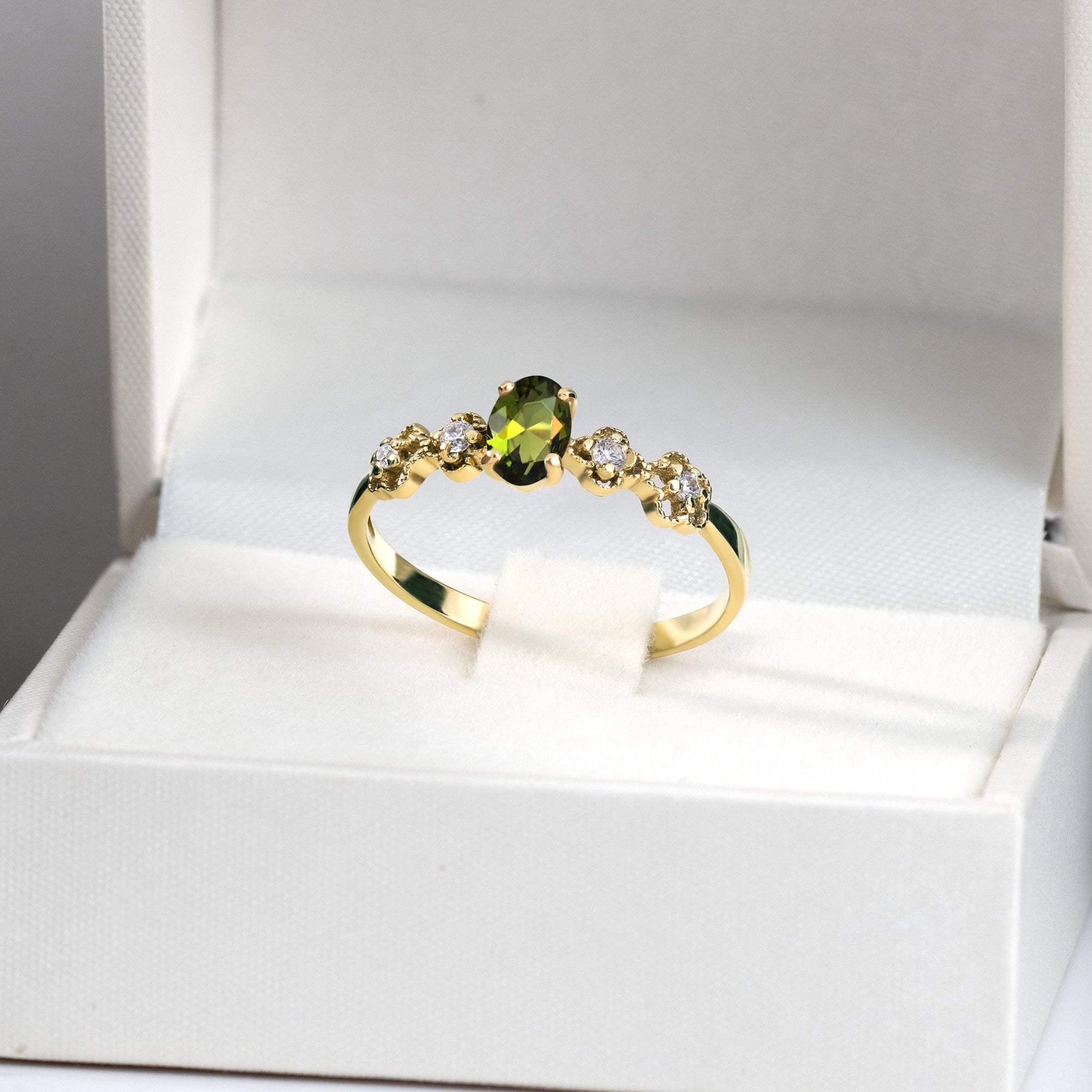 Peridot Ring - August Birthstone - Oval Peridot Gemstone Flower Setting Delicate Ring with Clear Quartz Accents - H.L.Jewelry