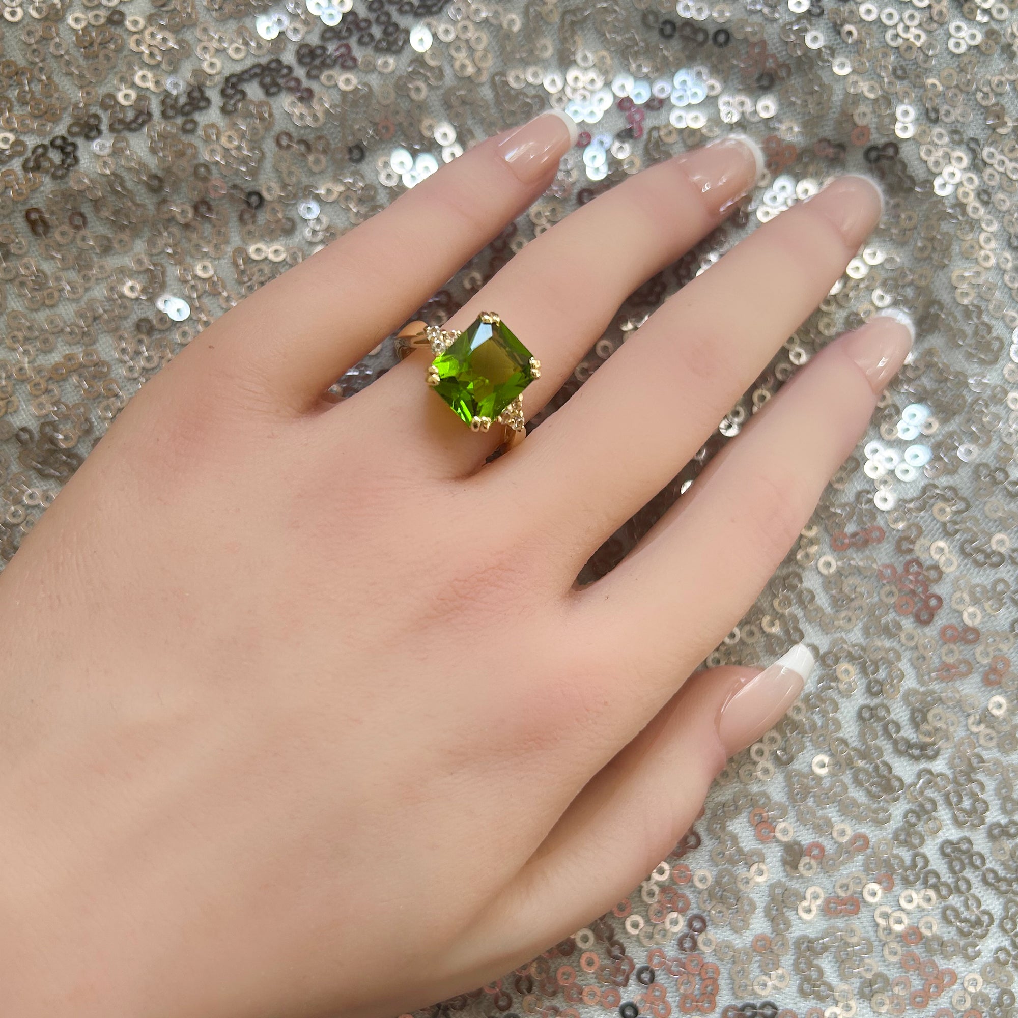 Peridot Ring - August Birthstone Jewelry - Statement Engagement Ring with Octagon Peridot Gemstone and Clear Quartz Accents - H.L.Jewelry