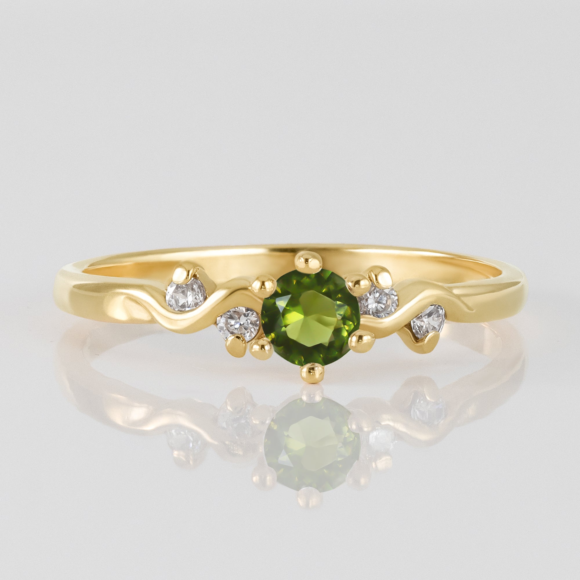 Peridot Ring - August Birthstone - Round Peridot Gemstone Delicate Ring with Clear Quartz Accents - H.L.Jewelry