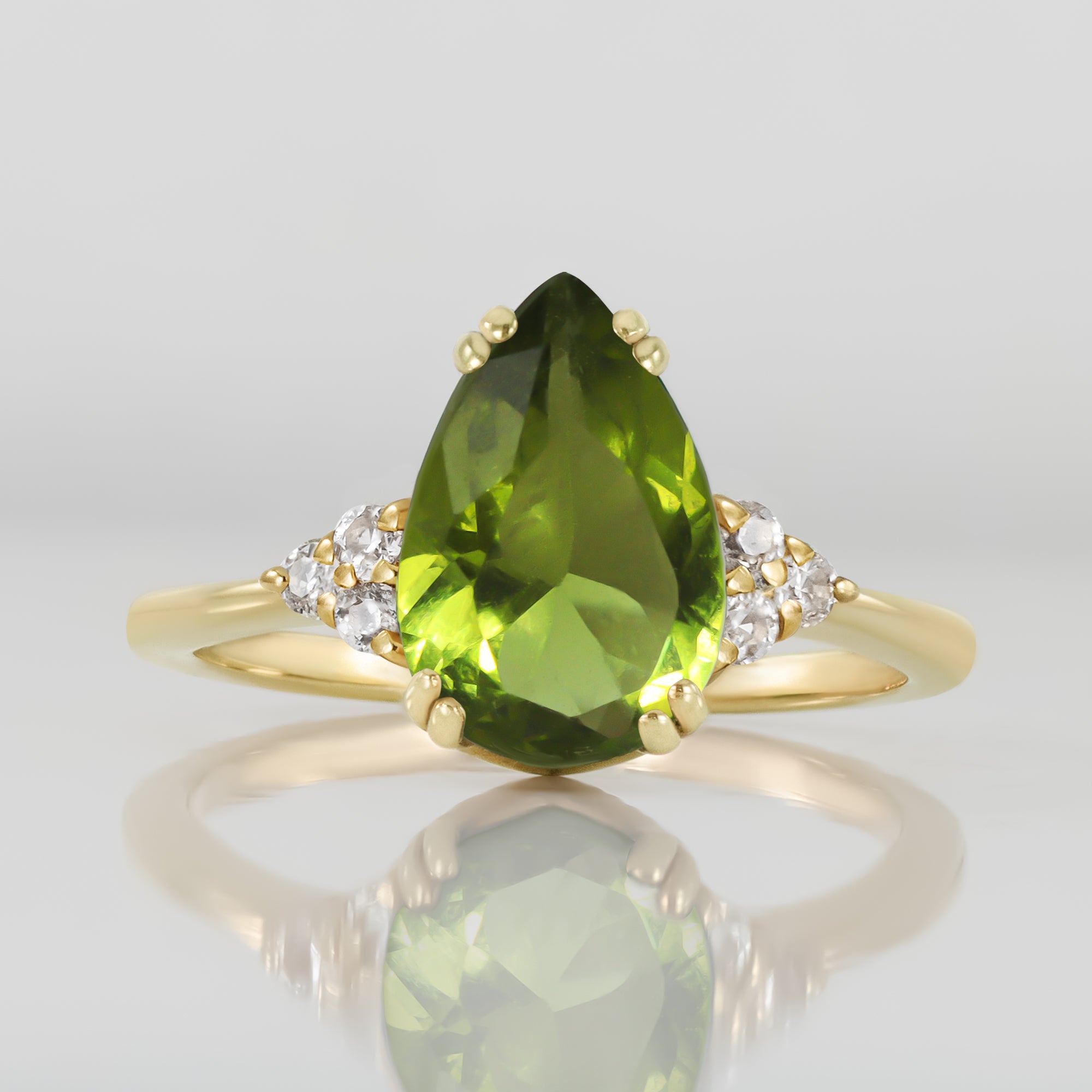 Peridot Ring - August Birthstone Jewelry - Pear-Shaped Peridot Gemstone Statement Engagement Ring with Clear Quartz Accents - H.L.Jewelry