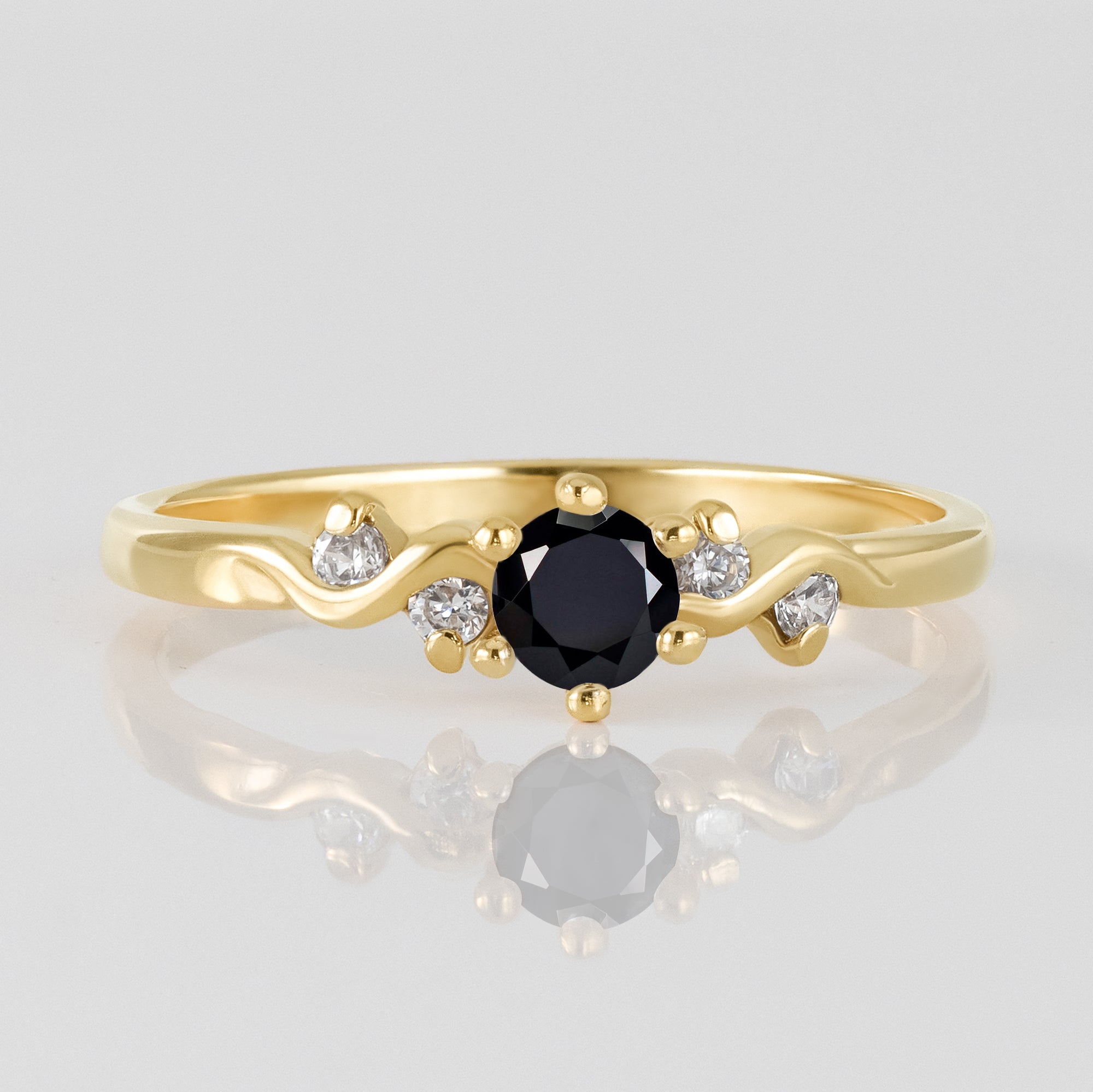 Round Black Onyx Stackable Ring with Clear Quartz Accents - H.L.Jewelry