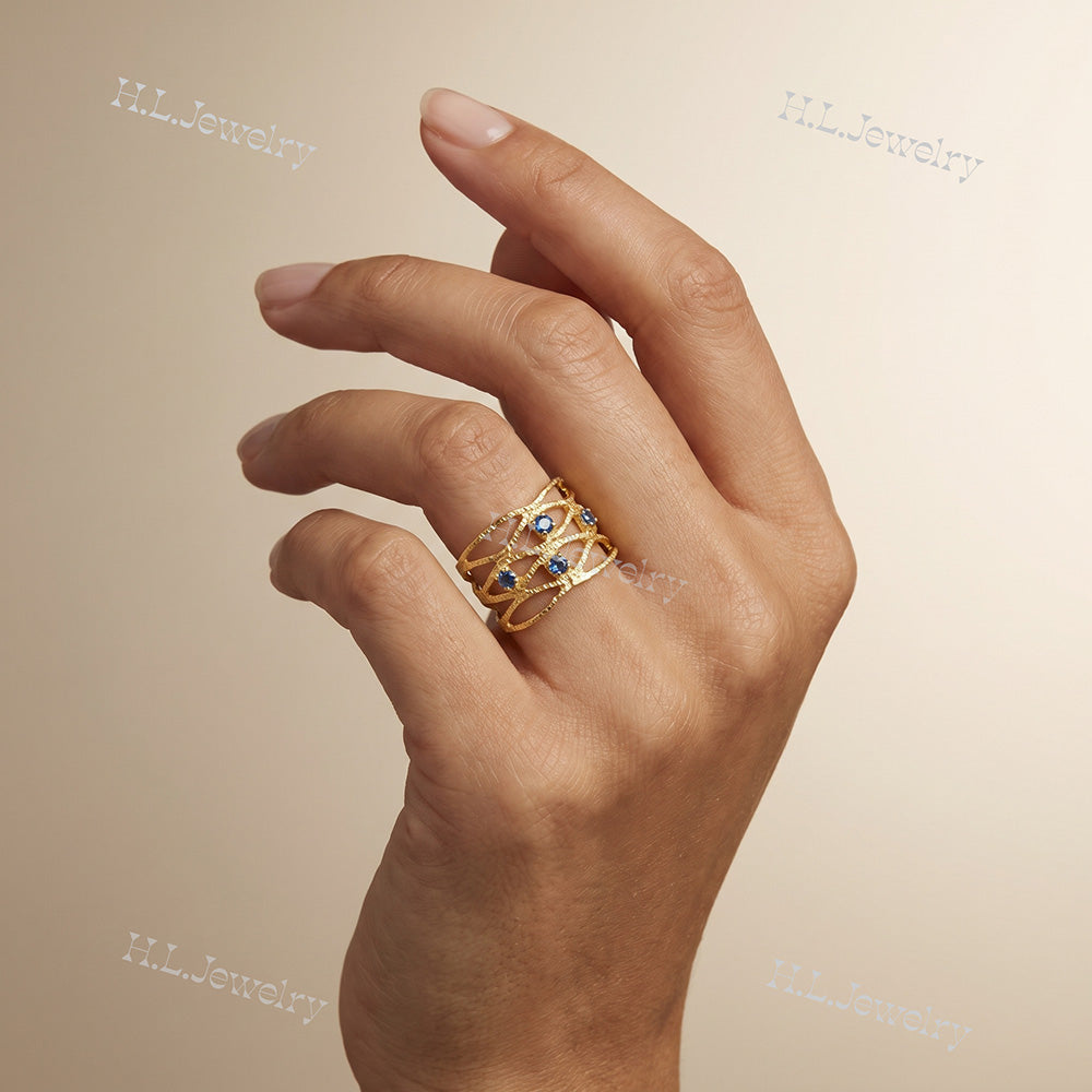 Round Blue Topaz Four Stone Wide Hammered Band Ring - H.L.Jewelry