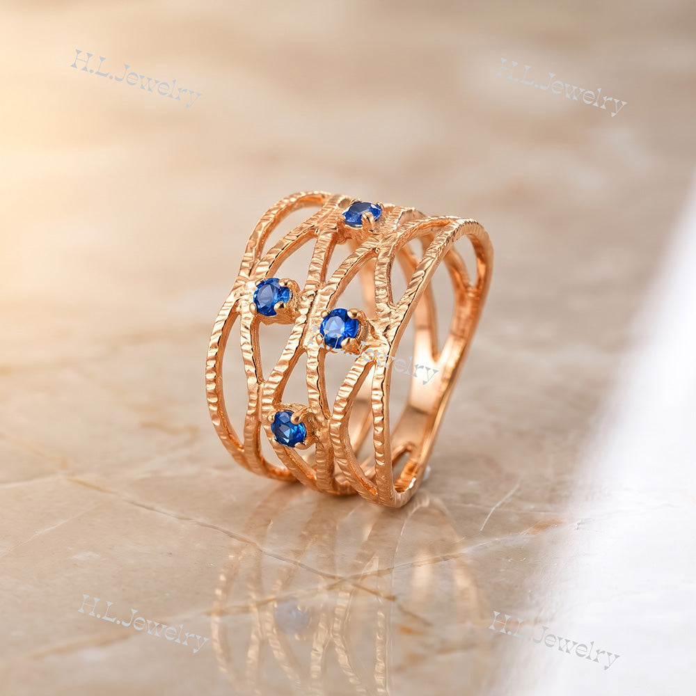 Round Blue Topaz Four Stone Wide Hammered Band Ring - H.L.Jewelry