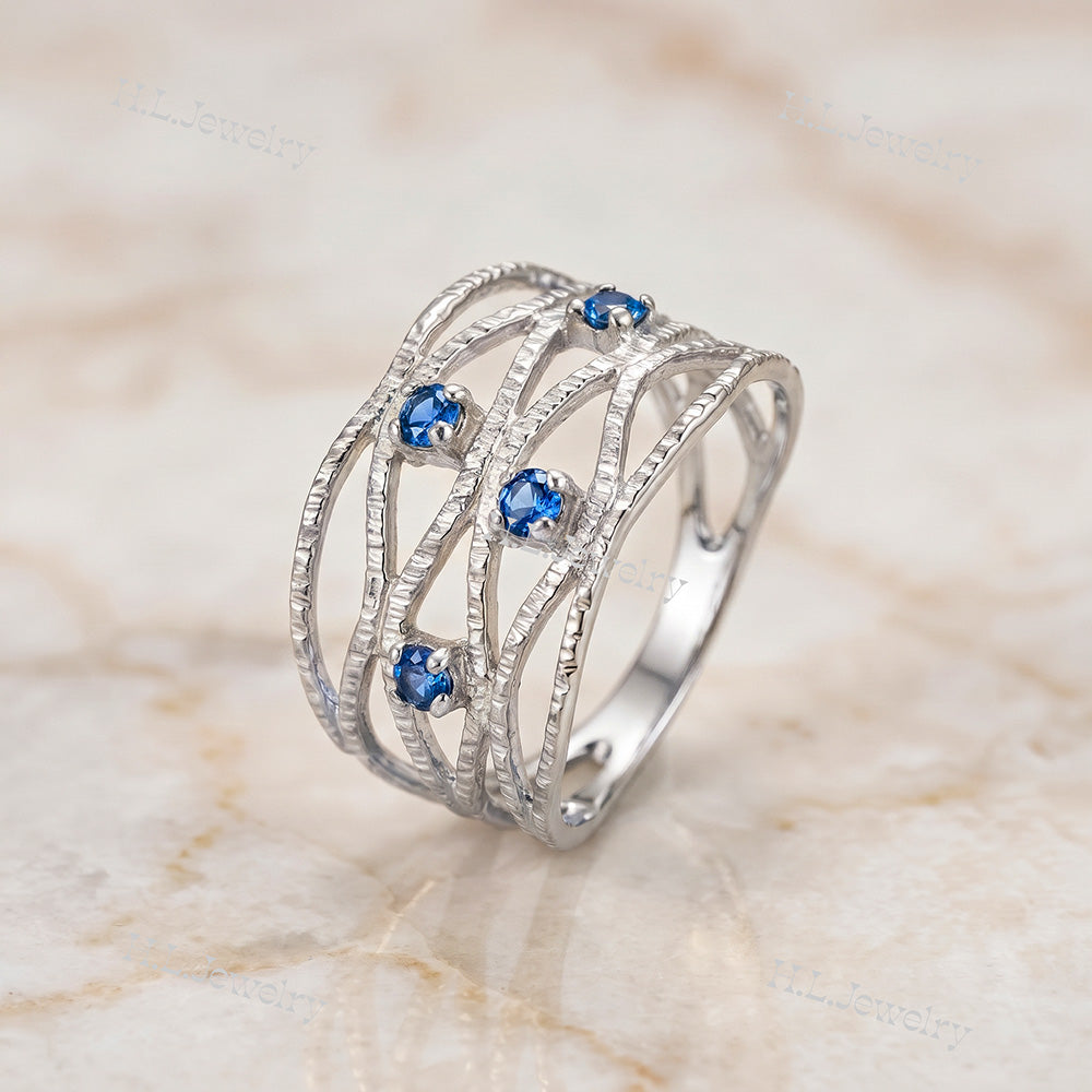 Round Blue Topaz Four Stone Wide Hammered Band Ring - H.L.Jewelry