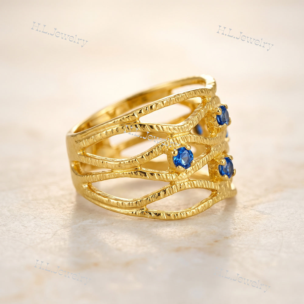 Round Blue Topaz Four Stone Wide Hammered Band Ring - H.L.Jewelry