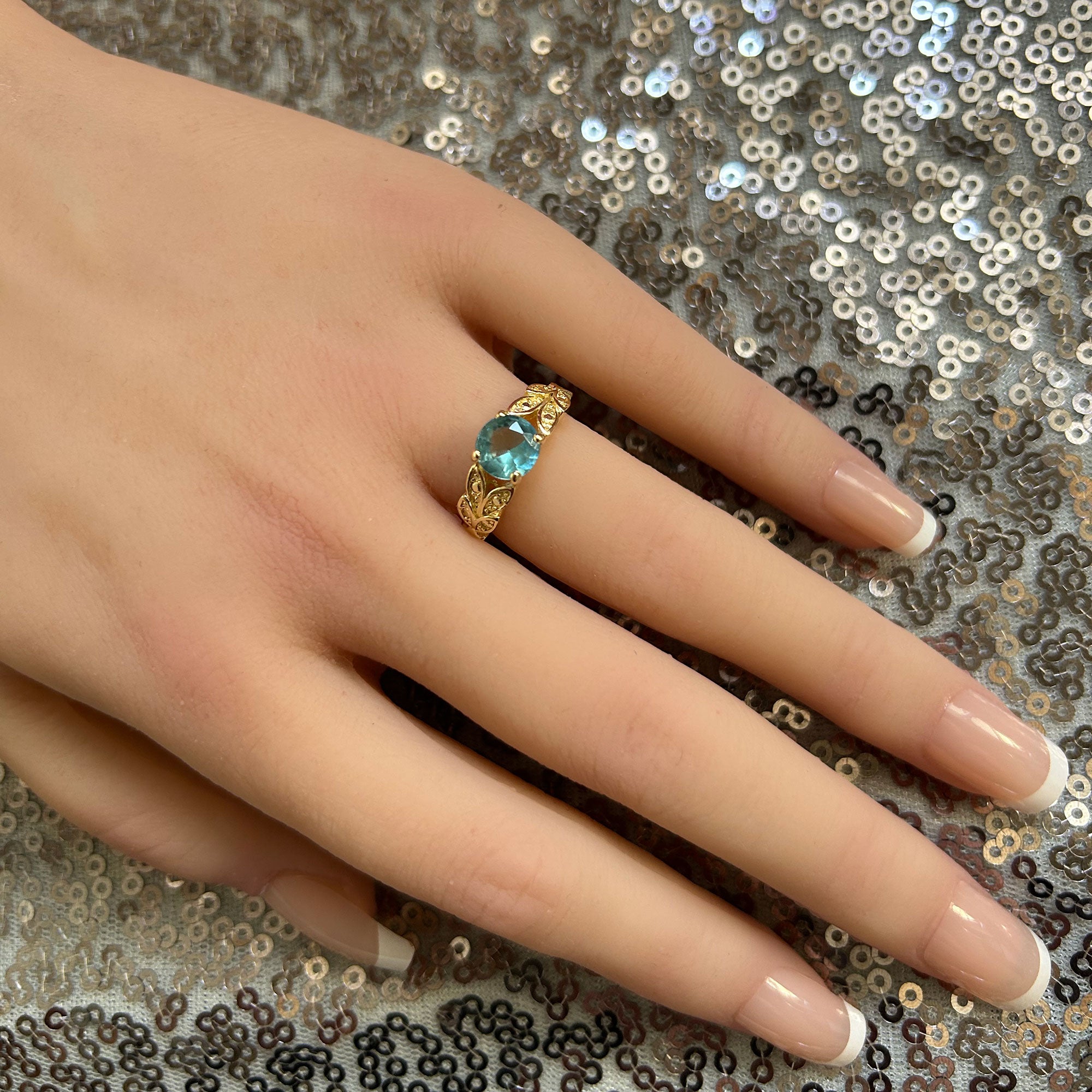 Round Blue Topaz Gemstone Flower Leaves Ring - H.L.Jewelry