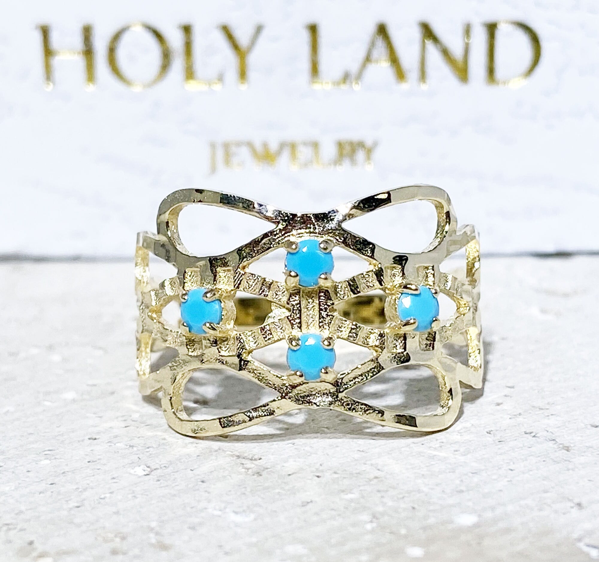 Round Blue Turquoise Four Stone Hammered Band Ring - H.L.Jewelry