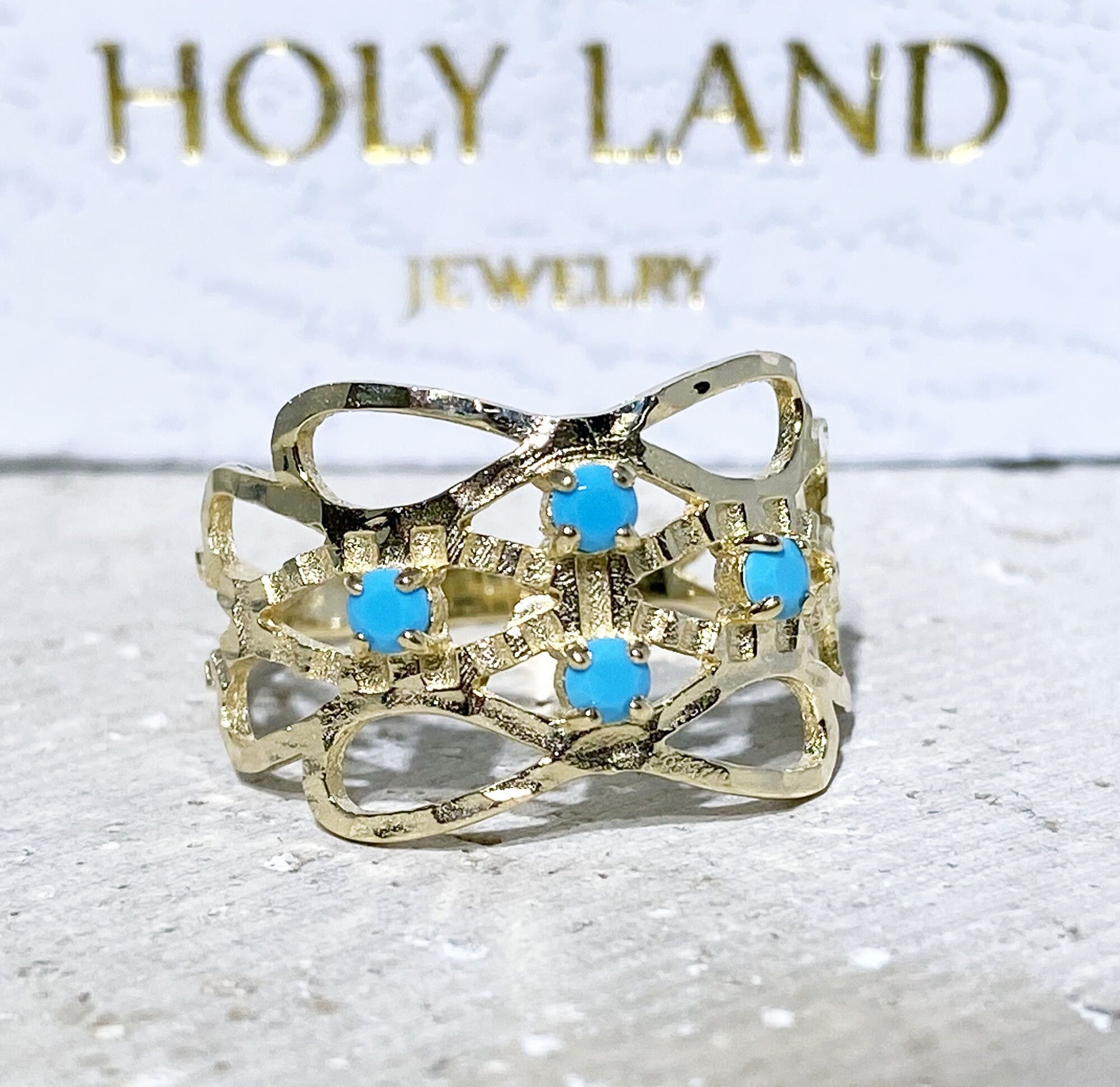 Round Blue Turquoise Four Stone Hammered Band Ring - H.L.Jewelry