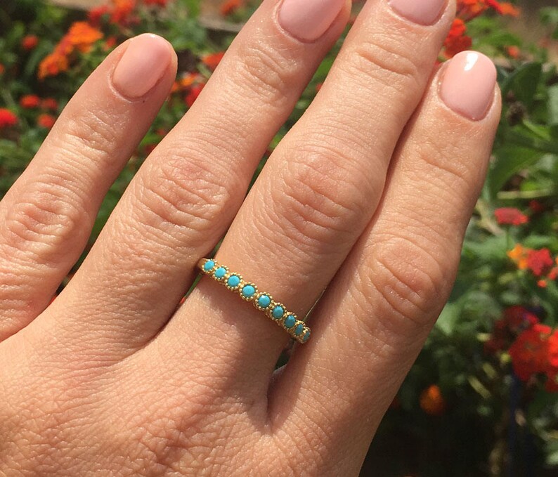 Round Blue Turquoise Nine Stone Stacking Half Eternity Bezel Ring - H.L.Jewelry