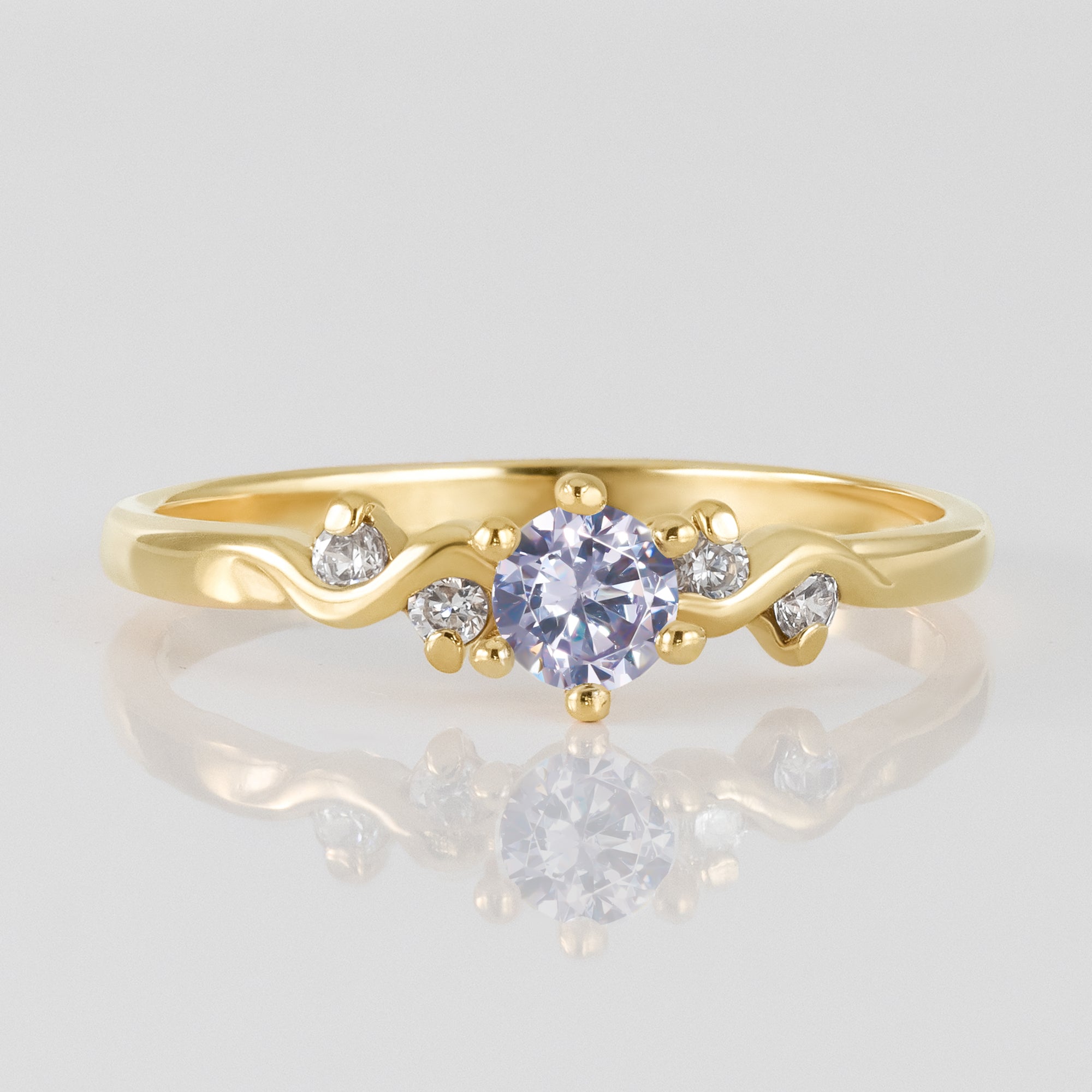 Round Lavender Amethyst Delicate Ring with Clear Quartz Accents - H.L.Jewelry