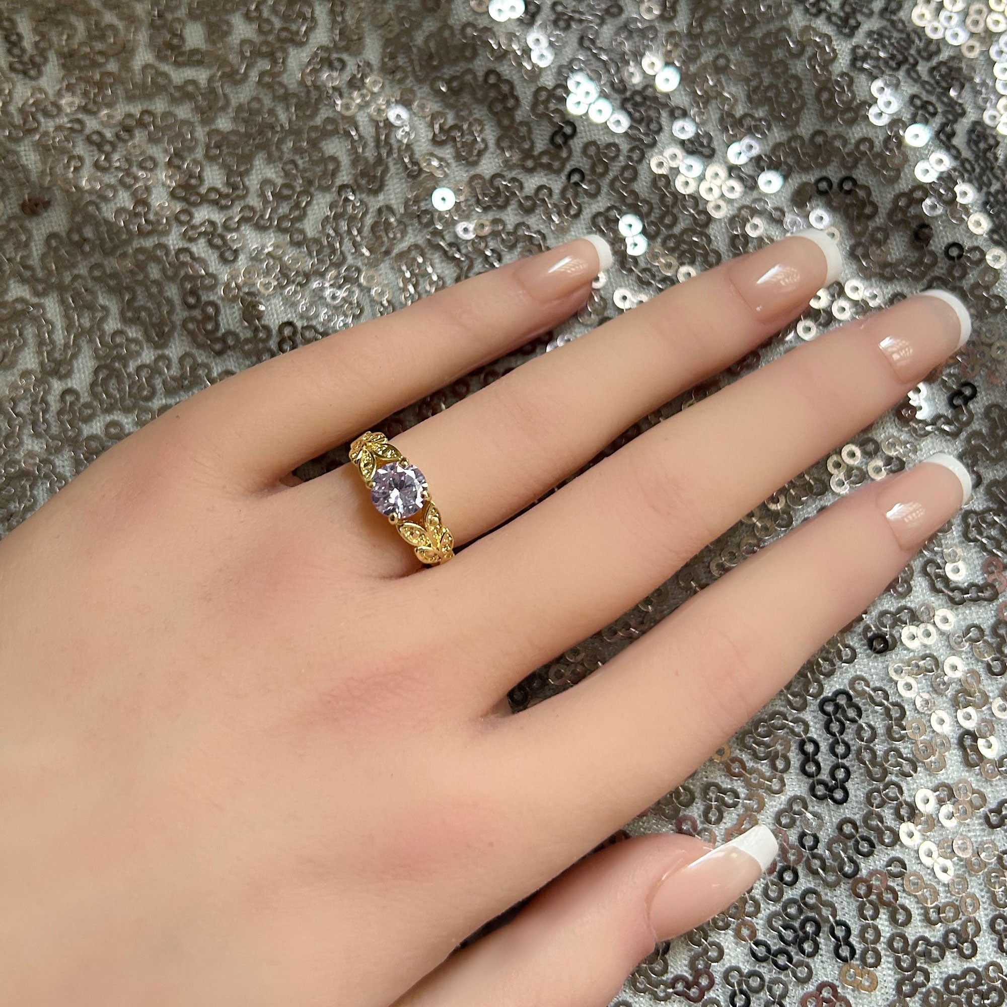 Round Lavender Amethyst Gemstone Flower Leaves Ring - H.L.Jewelry