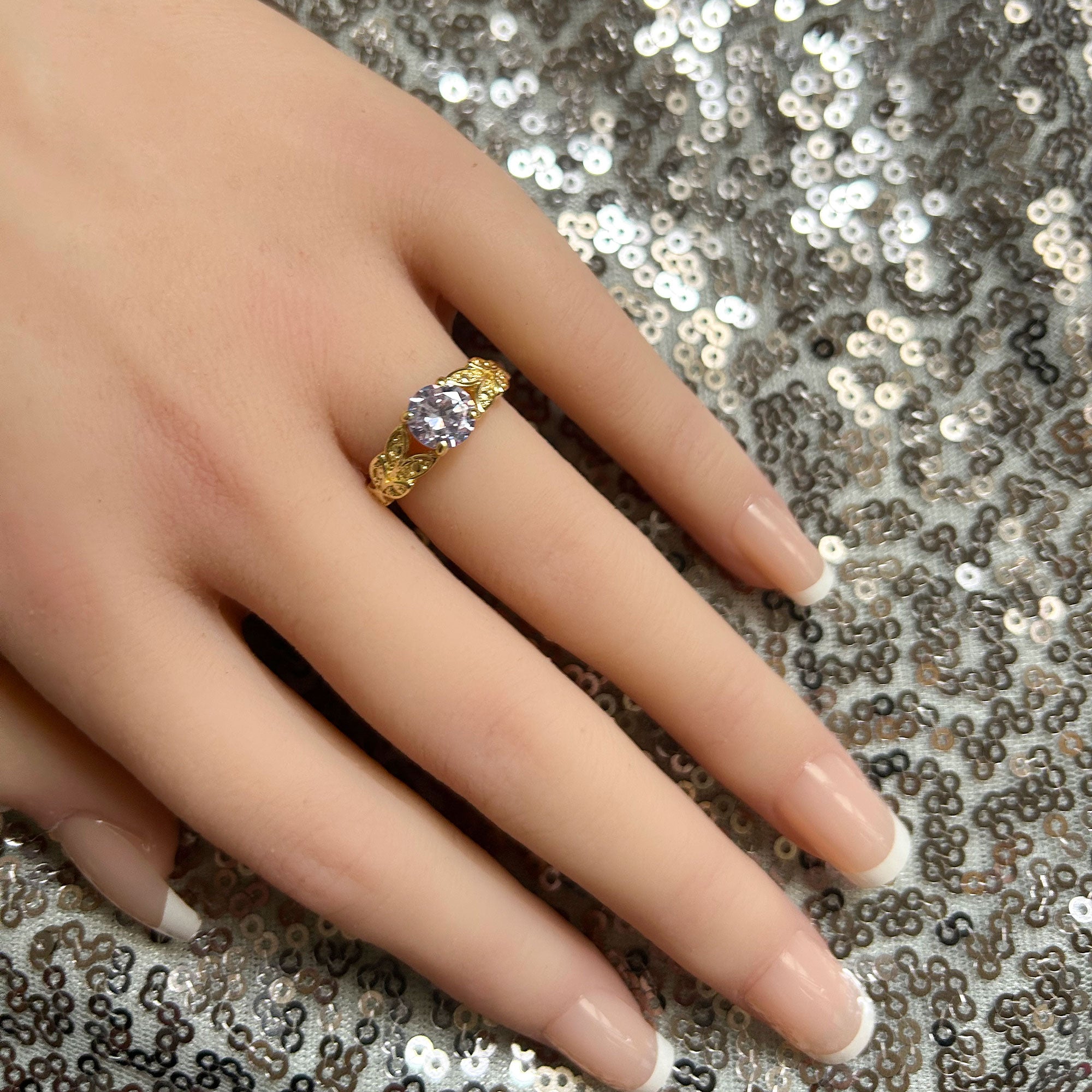 Round Lavender Amethyst Gemstone Flower Leaves Ring - H.L.Jewelry