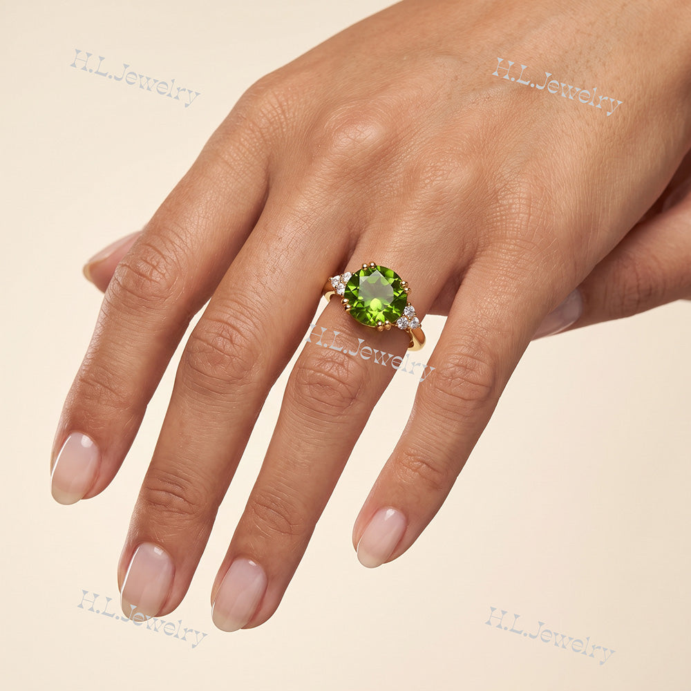 Round Peridot Engagement Ring with Clear Quartz Accents - H.L.Jewelry