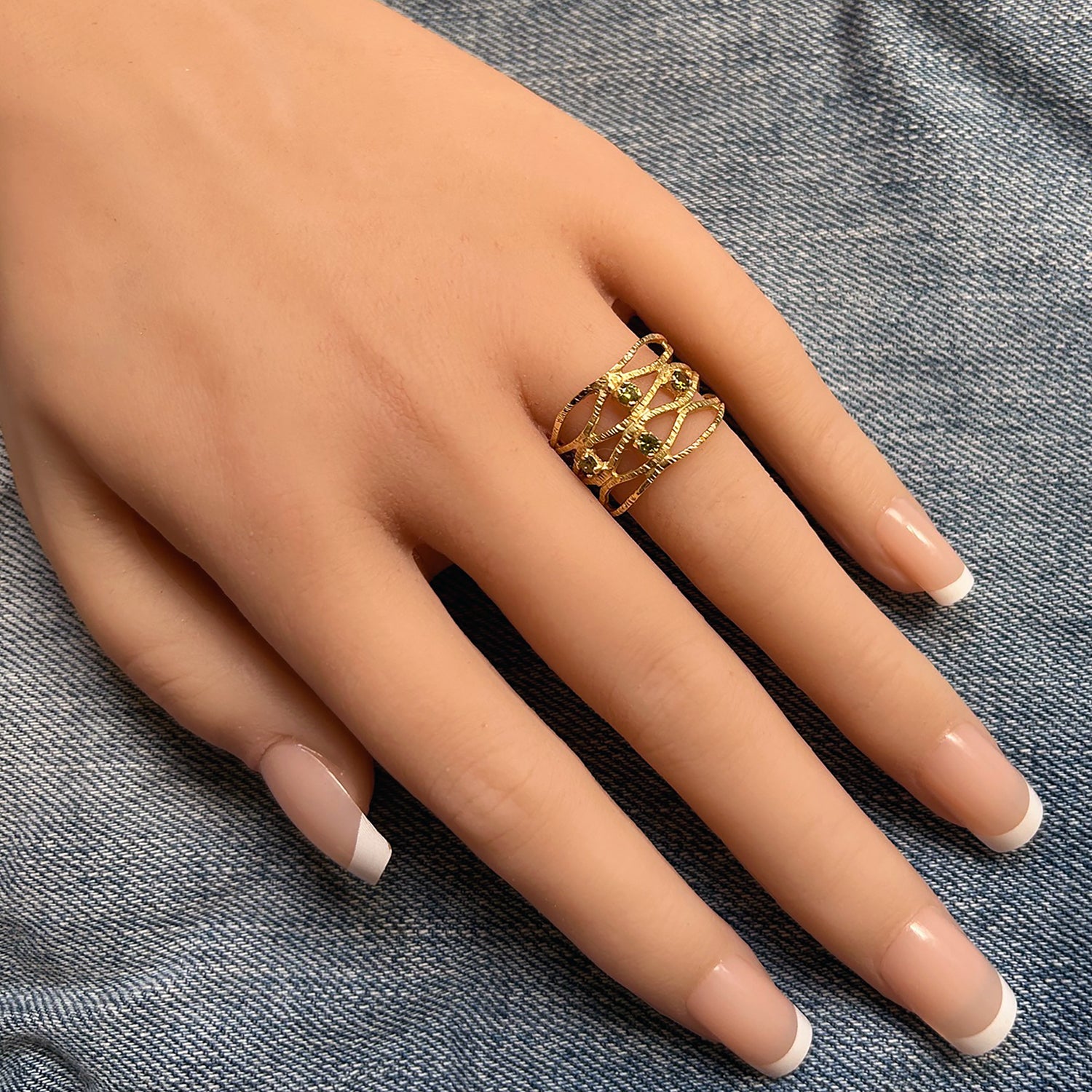 Round Peridot Four Stone Wide Hammered Band Ring - H.L.Jewelry