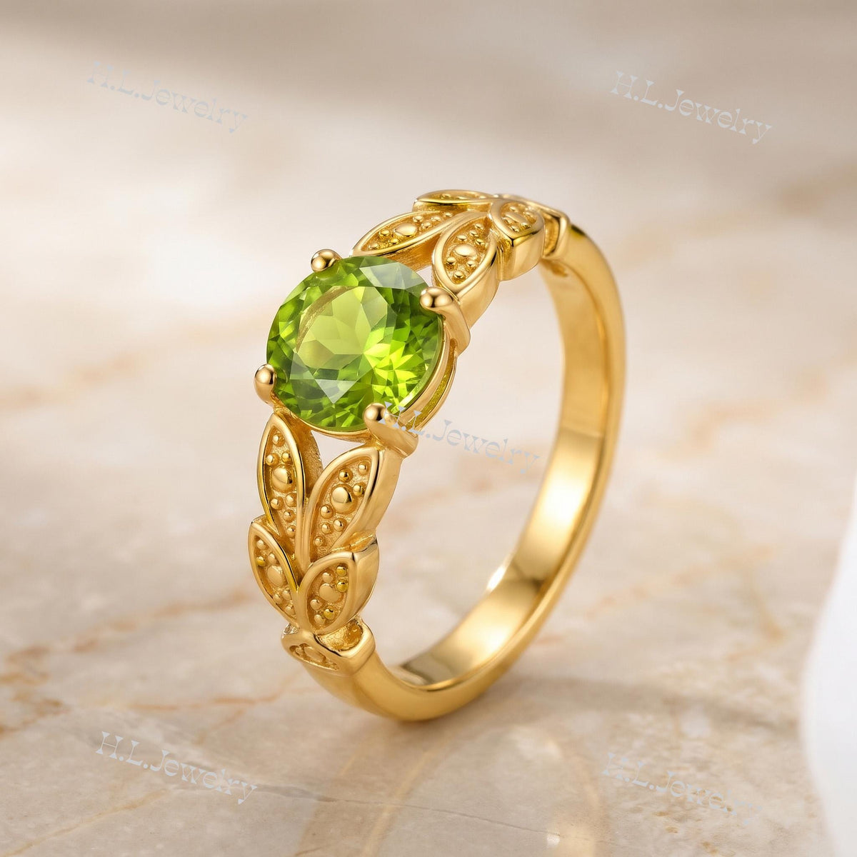 Round Peridot Gemstone Prong Set Leaves Botanical Ring - H.L.Jewelry