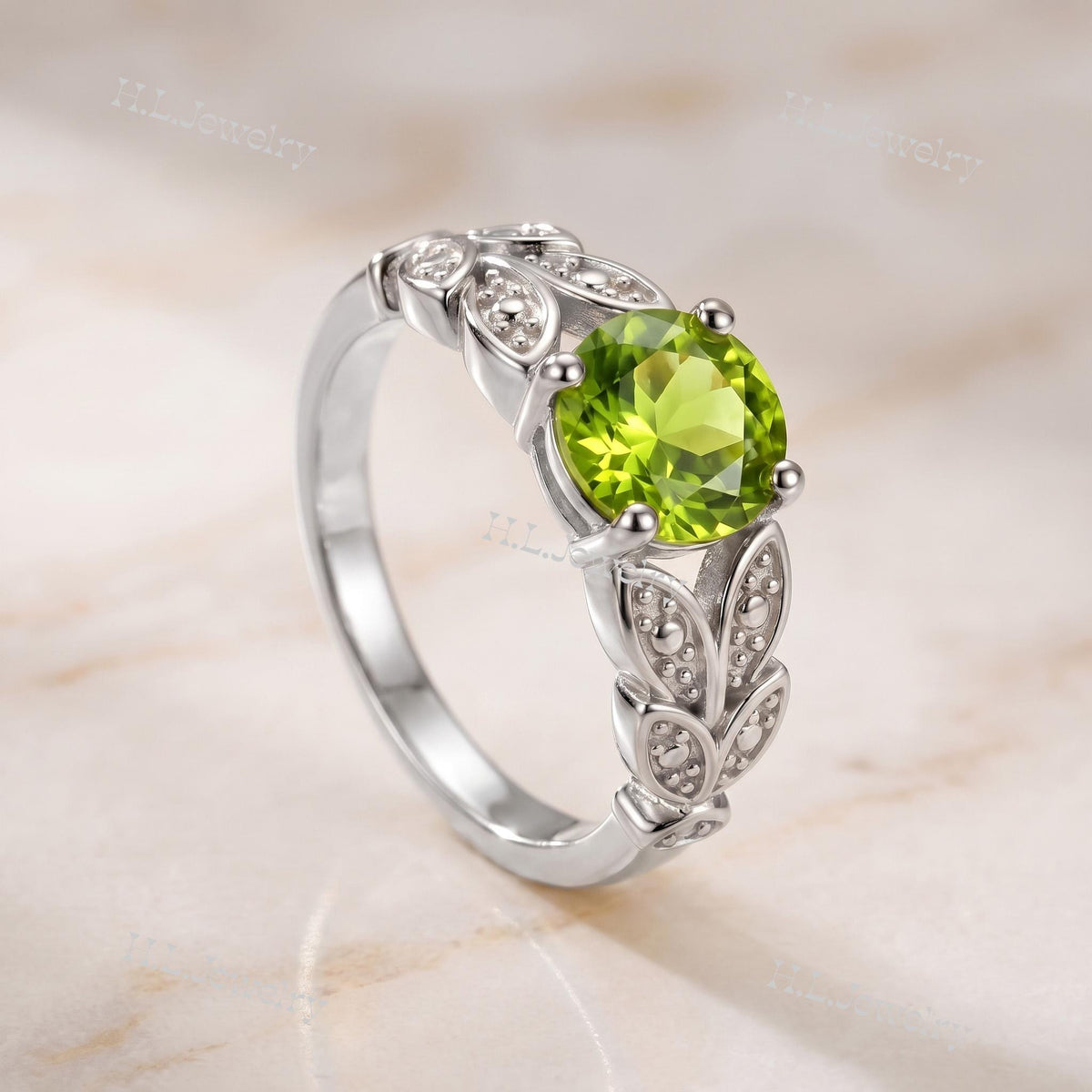 Round Peridot Gemstone Prong Set Leaves Botanical Ring - H.L.Jewelry