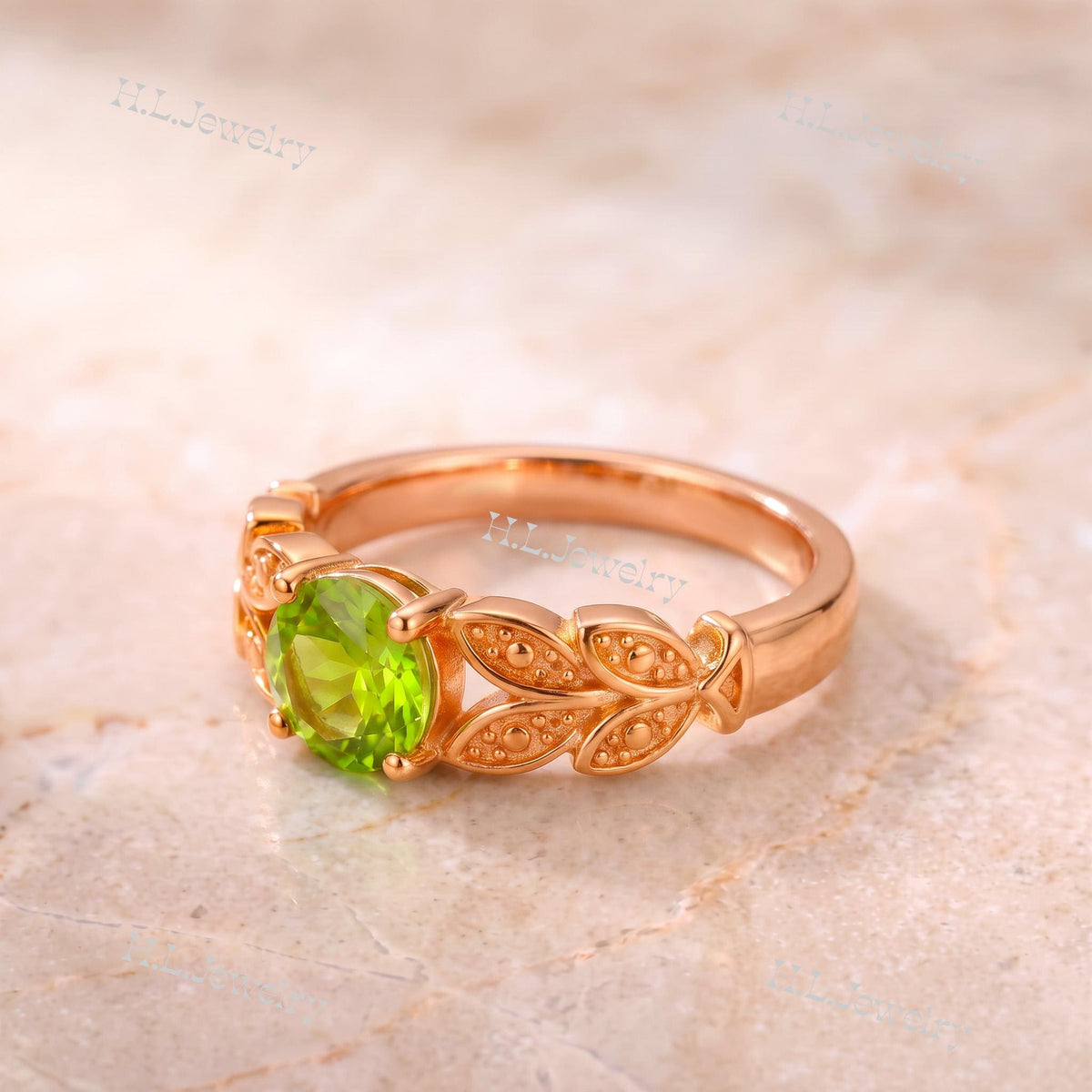 Round Peridot Gemstone Prong Set Leaves Botanical Ring - H.L.Jewelry