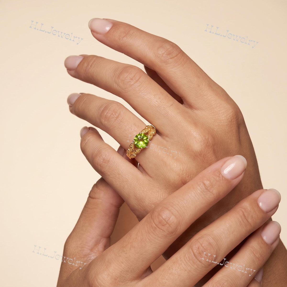 Round Peridot Gemstone Prong Set Leaves Botanical Ring - H.L.Jewelry